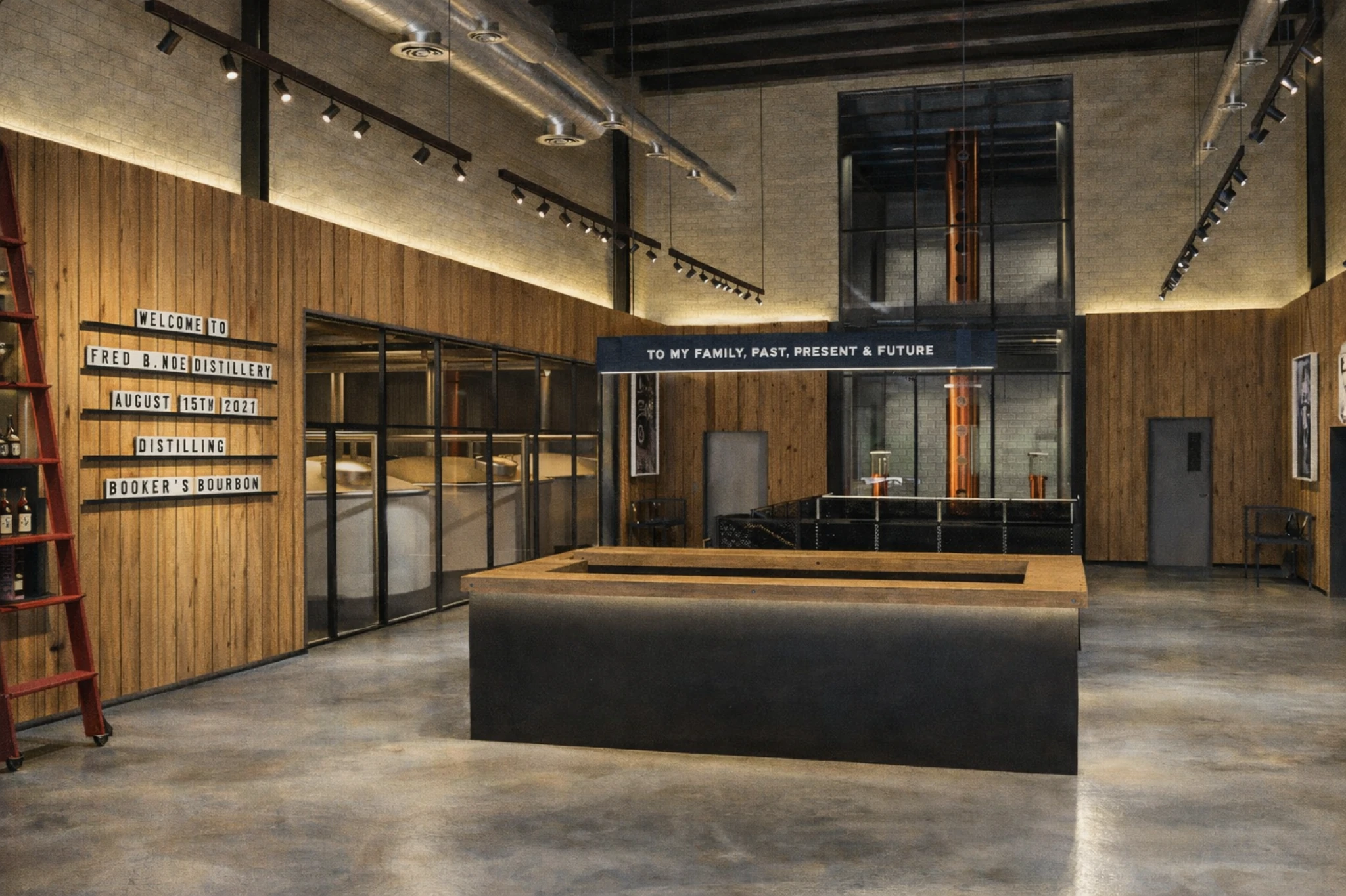 nterior of the Jim Beam Fred B. Noe Distillery featuring modern still room design and warm wood finishes.