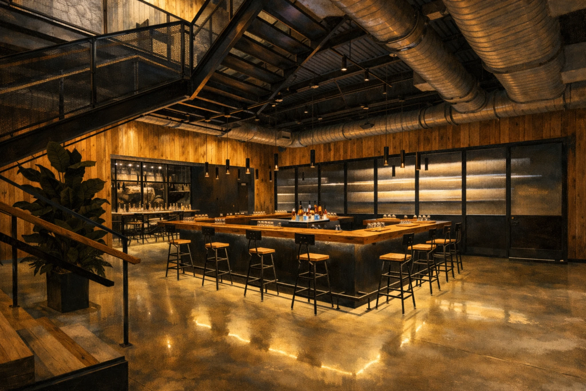 Wide view of the Jim Beam Fred B. Noe Distillery tasting room with industrial design and seating.