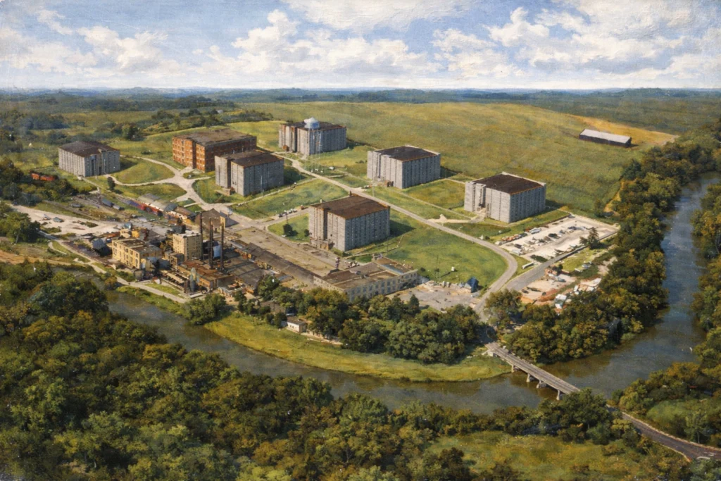 Aerial view of the Jim Beam Old Grand-Dad plant showing historic distillery buildings, rickhouses, and production facilities along a river surrounded by Kentucky countryside.