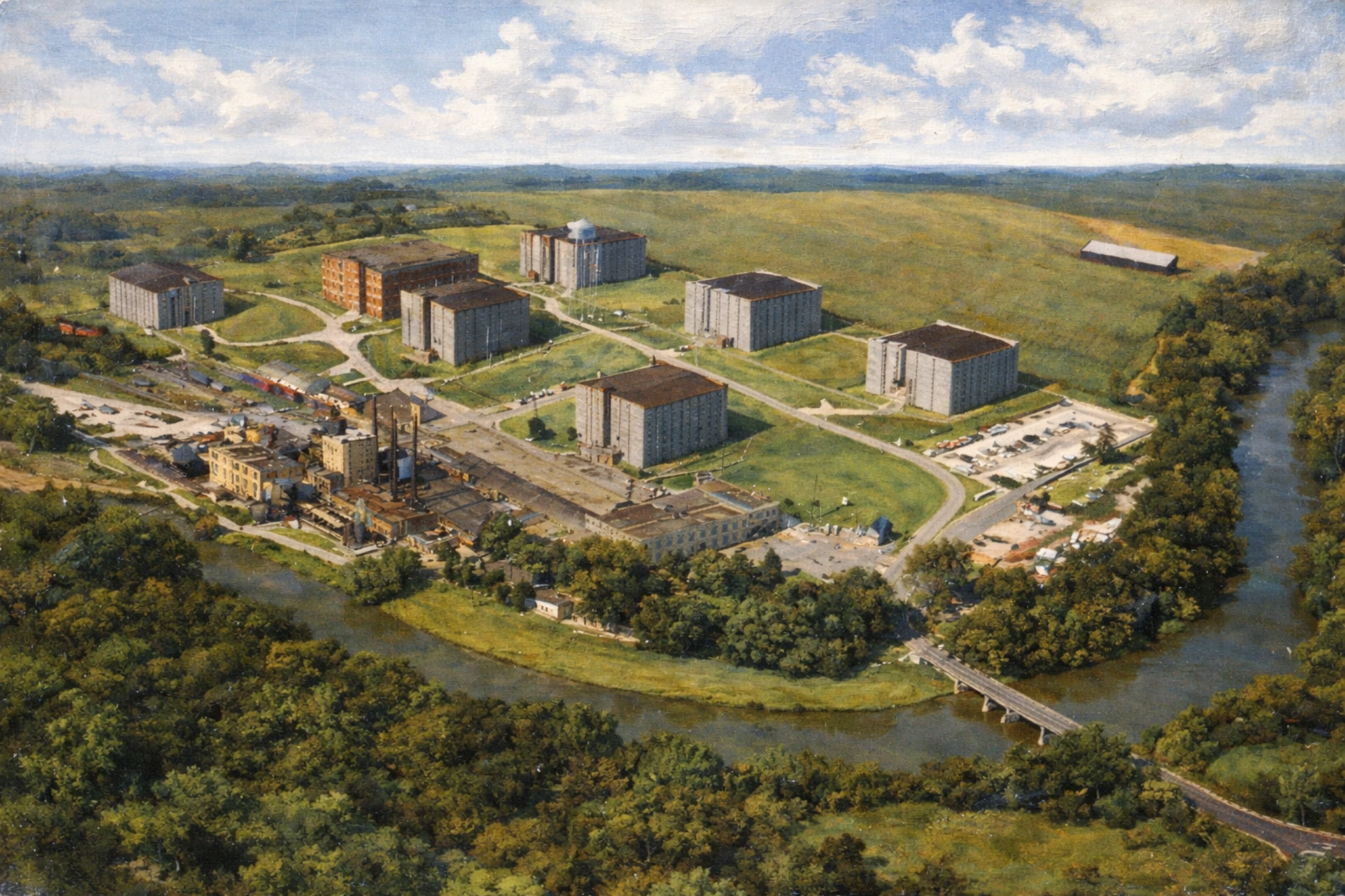 Aerial view of the Jim Beam Old Grand-Dad plant showing historic distillery buildings, rickhouses, and production facilities along a river surrounded by Kentucky countryside.