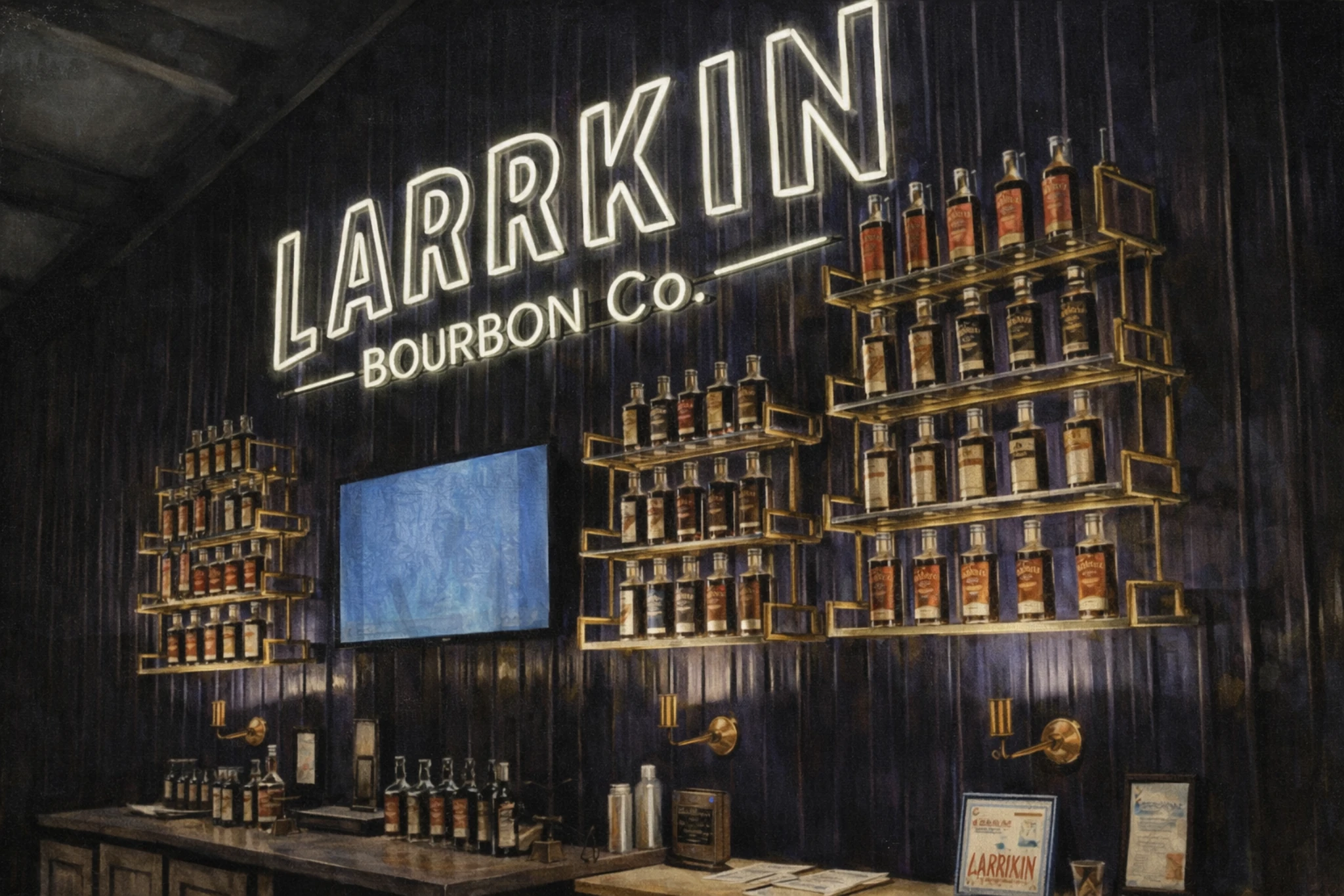 Larrikin Bourbon Company tasting bar with illuminated bottle display and modern shelving.