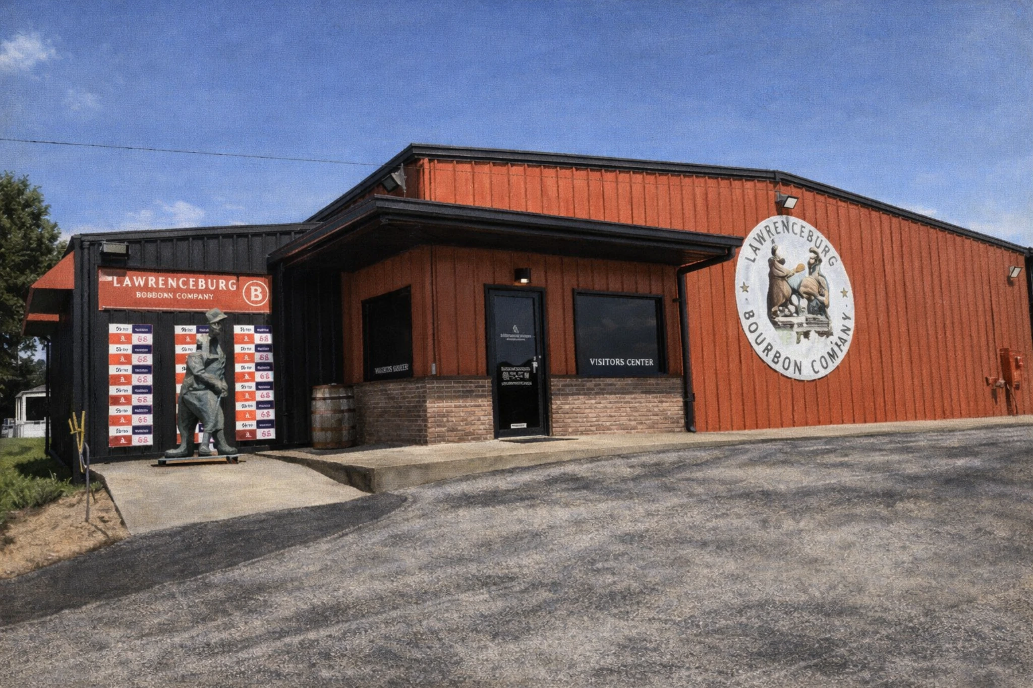 Exterior of Larrikin Bourbon Company visitor center with bold red building and signage.