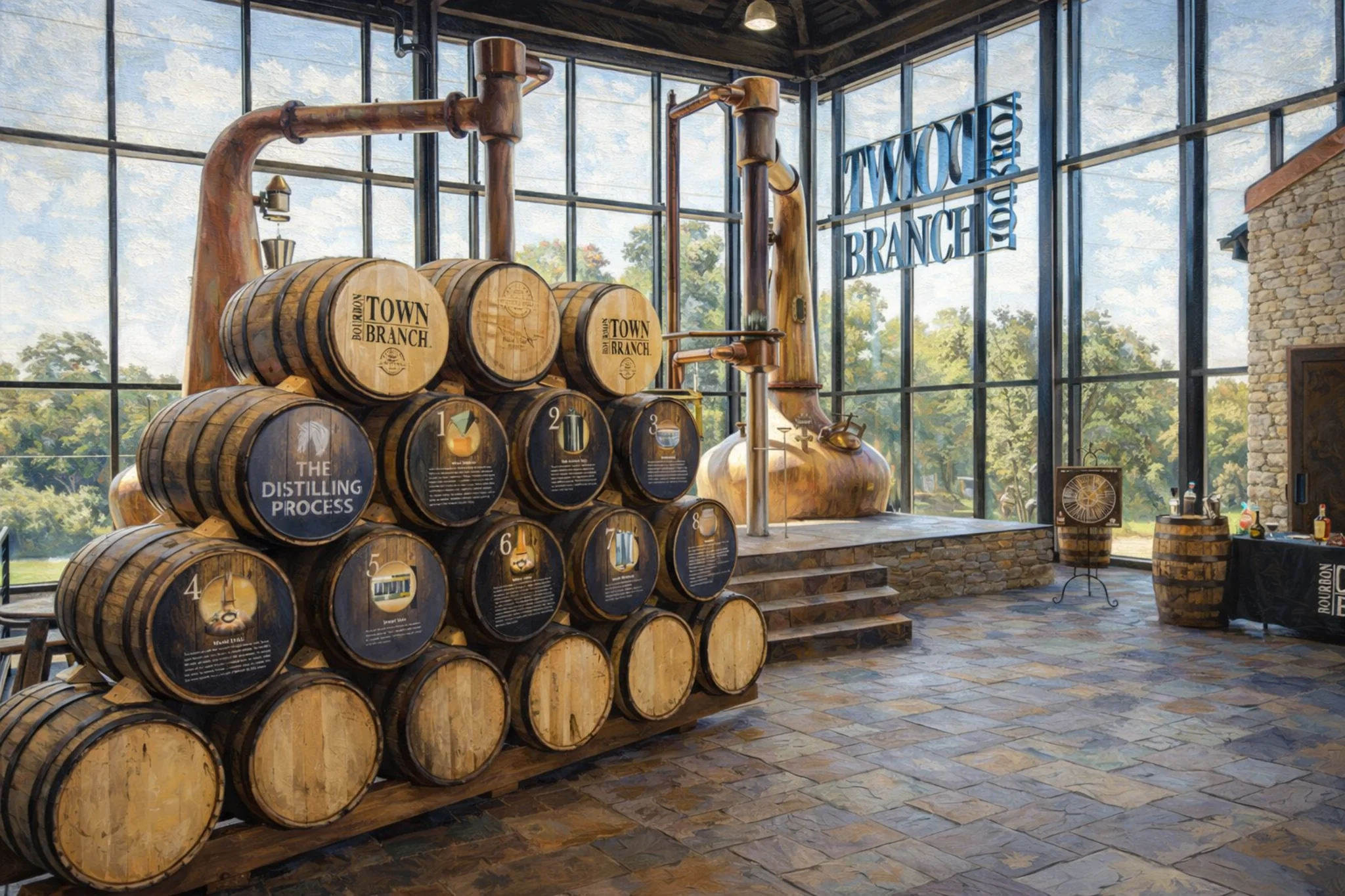 Interior of Town Branch Distillery showing copper stills and stacked bourbon barrels explaining the distilling process inside a glass-walled room.