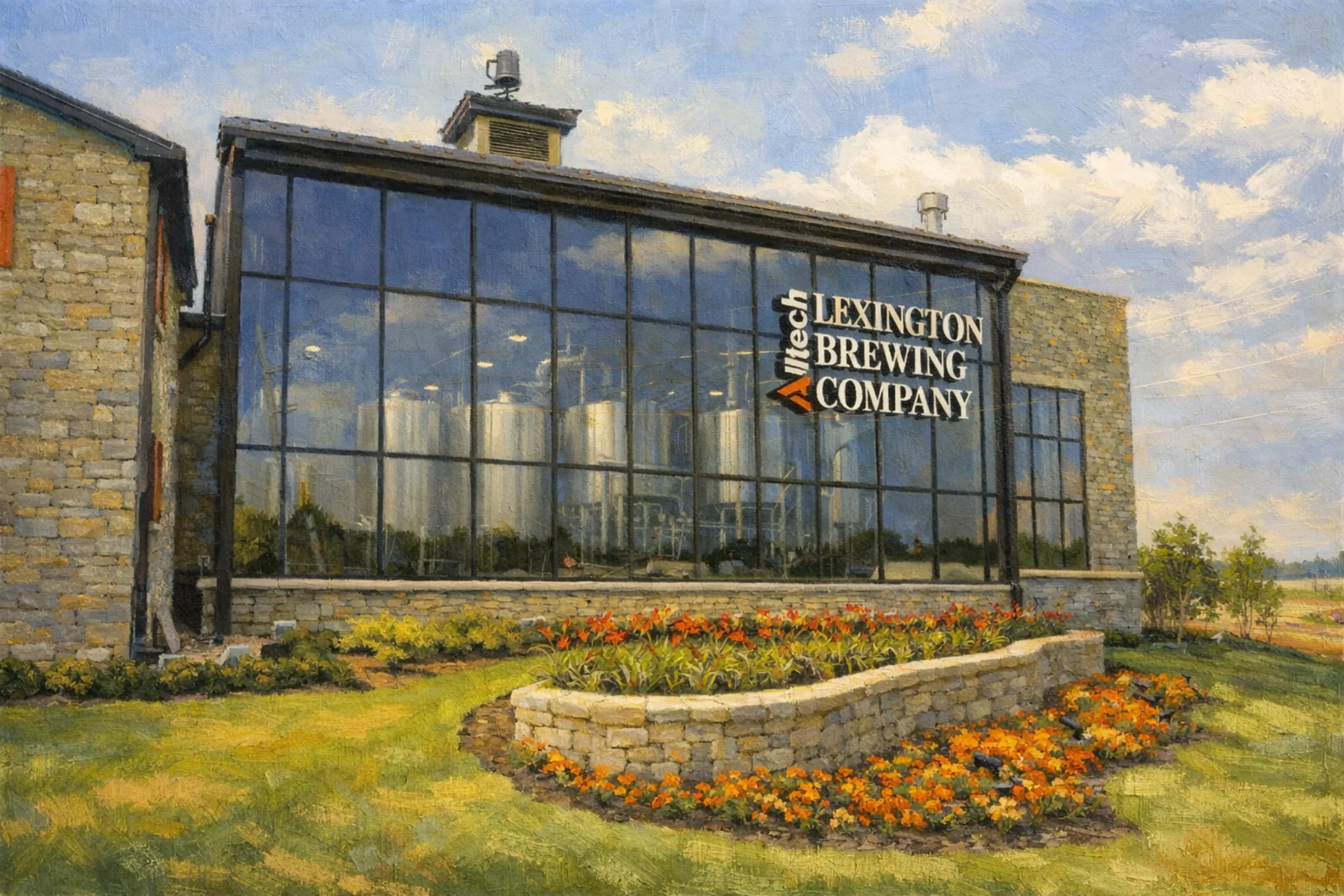 Lexington Brewing & Distilling Company glasshouse exterior with large windows, stone walls, and landscaped flower beds under a blue sky.