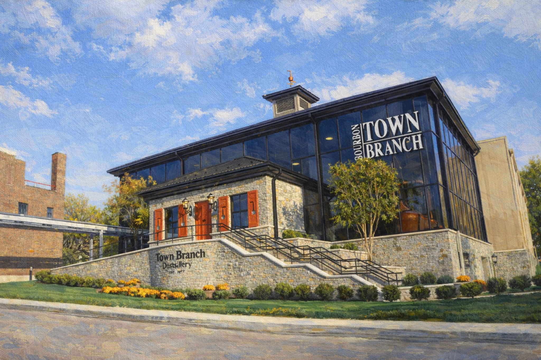 Town Branch Distillery exterior at Lexington Brewing & Distilling Company featuring stone architecture, glass façade, and elevated entrance steps.