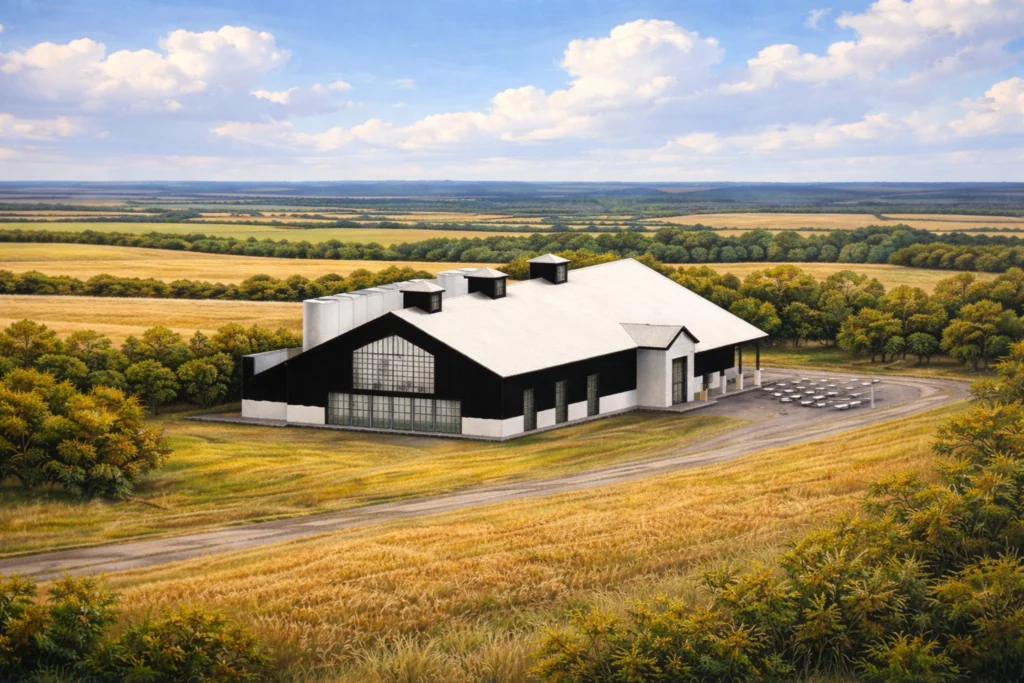 Aerial view of LF Heritage Distilling Co. featuring a modern black-and-white distillery building set among rolling Kentucky farmland.