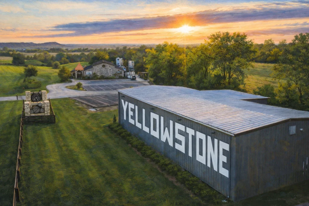 Aerial view of Limestone Branch Distillery property featuring the Yellowstone warehouse and surrounding countryside.