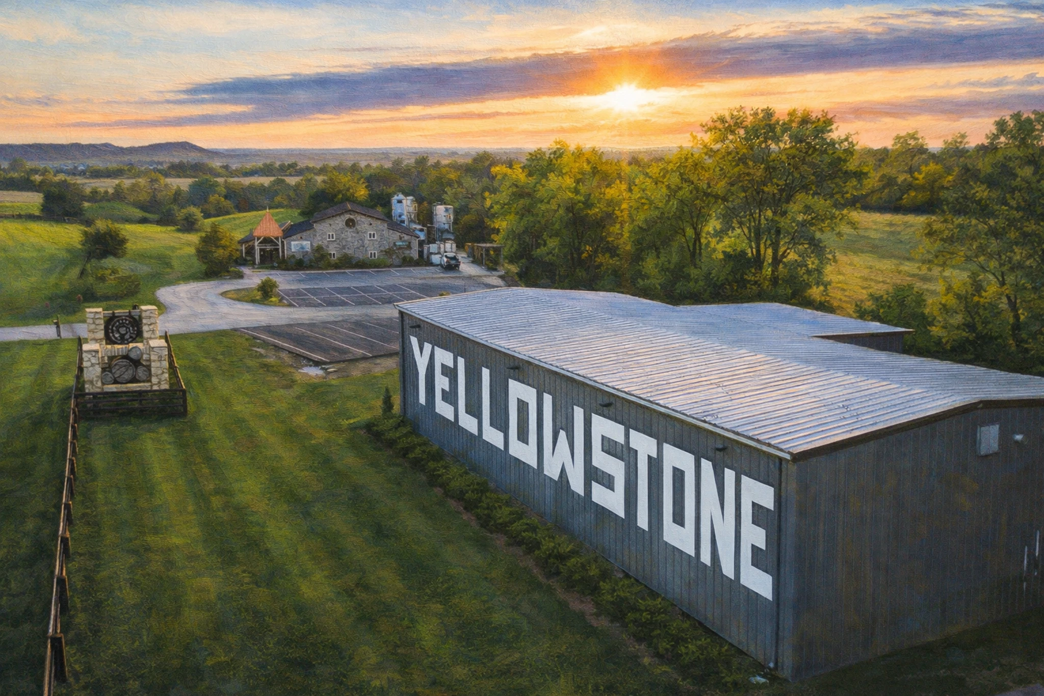 Aerial view of Limestone Branch Distillery property featuring the Yellowstone warehouse and surrounding countryside.