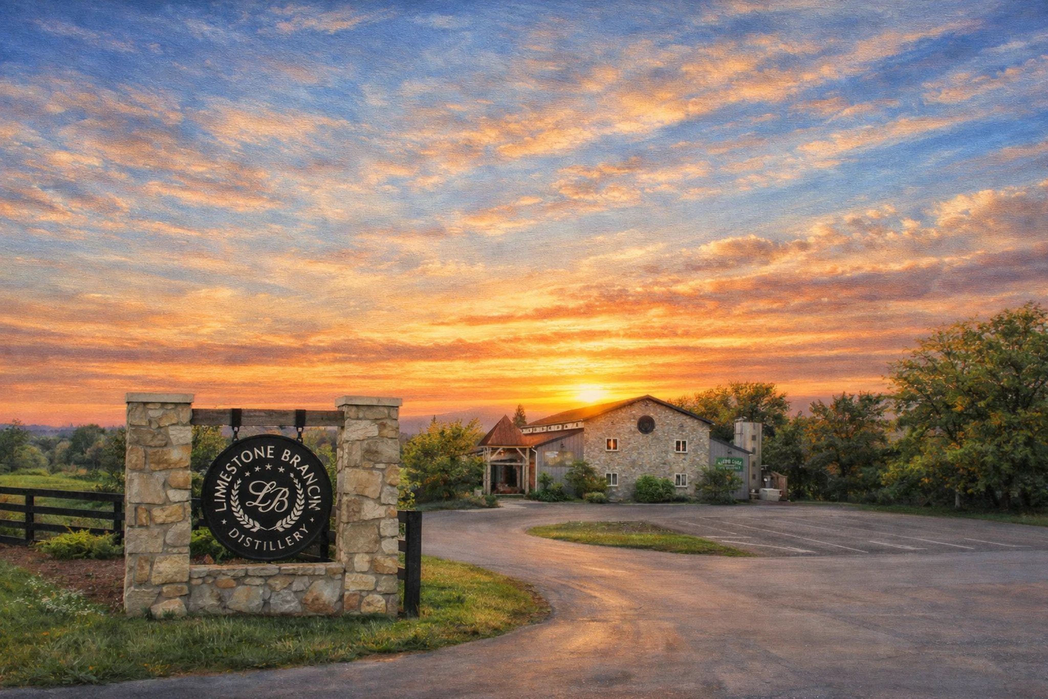 Stone entrance sign at Limestone Branch Distillery with the distillery buildings visible at sunset.