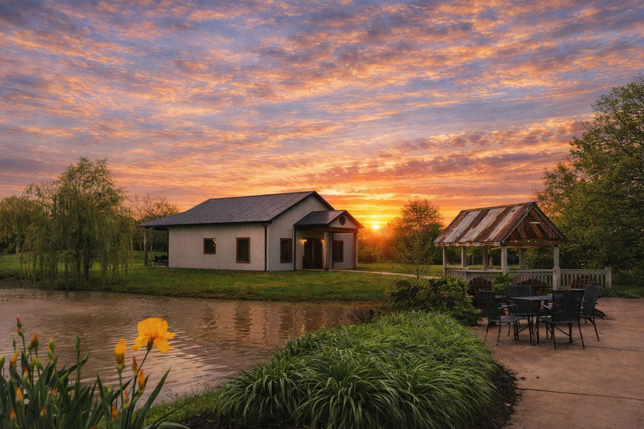 Limestone Branch Distillery pond and outdoor seating area with pavilion at sunset.