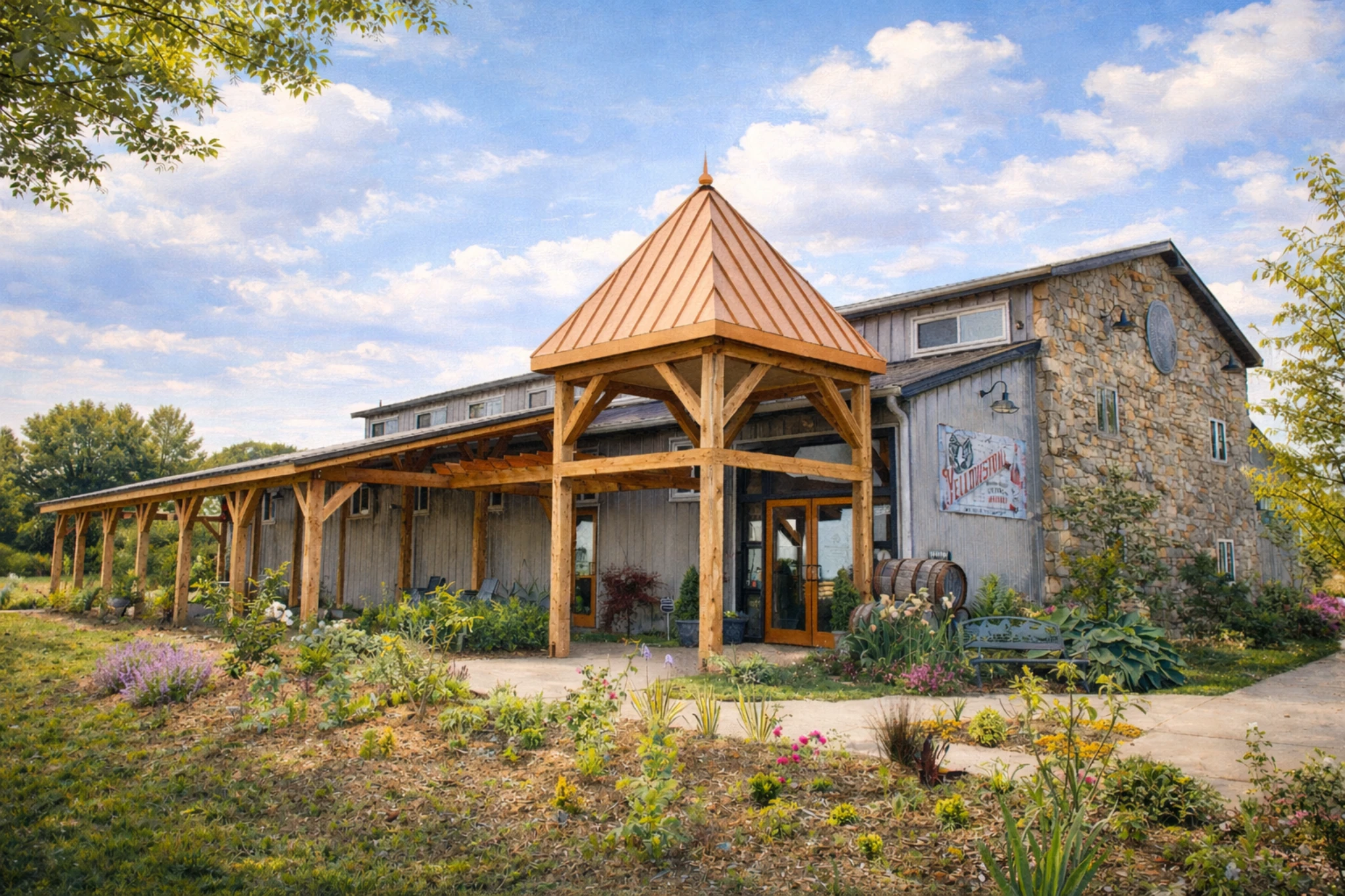 Exterior of the Limestone Branch Distillery tasting room with timber posts, stone accents, and landscaped gardens.