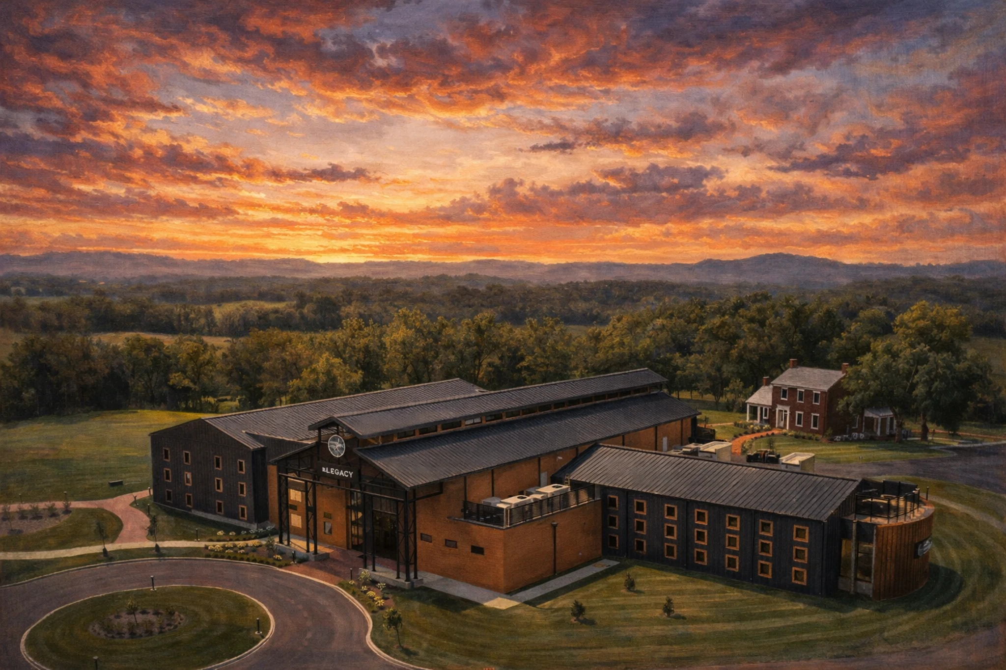 Aerial sunset view of The Legacy Wedding Venue at Log Still Distillery campus surrounded by rolling Kentucky countryside.
