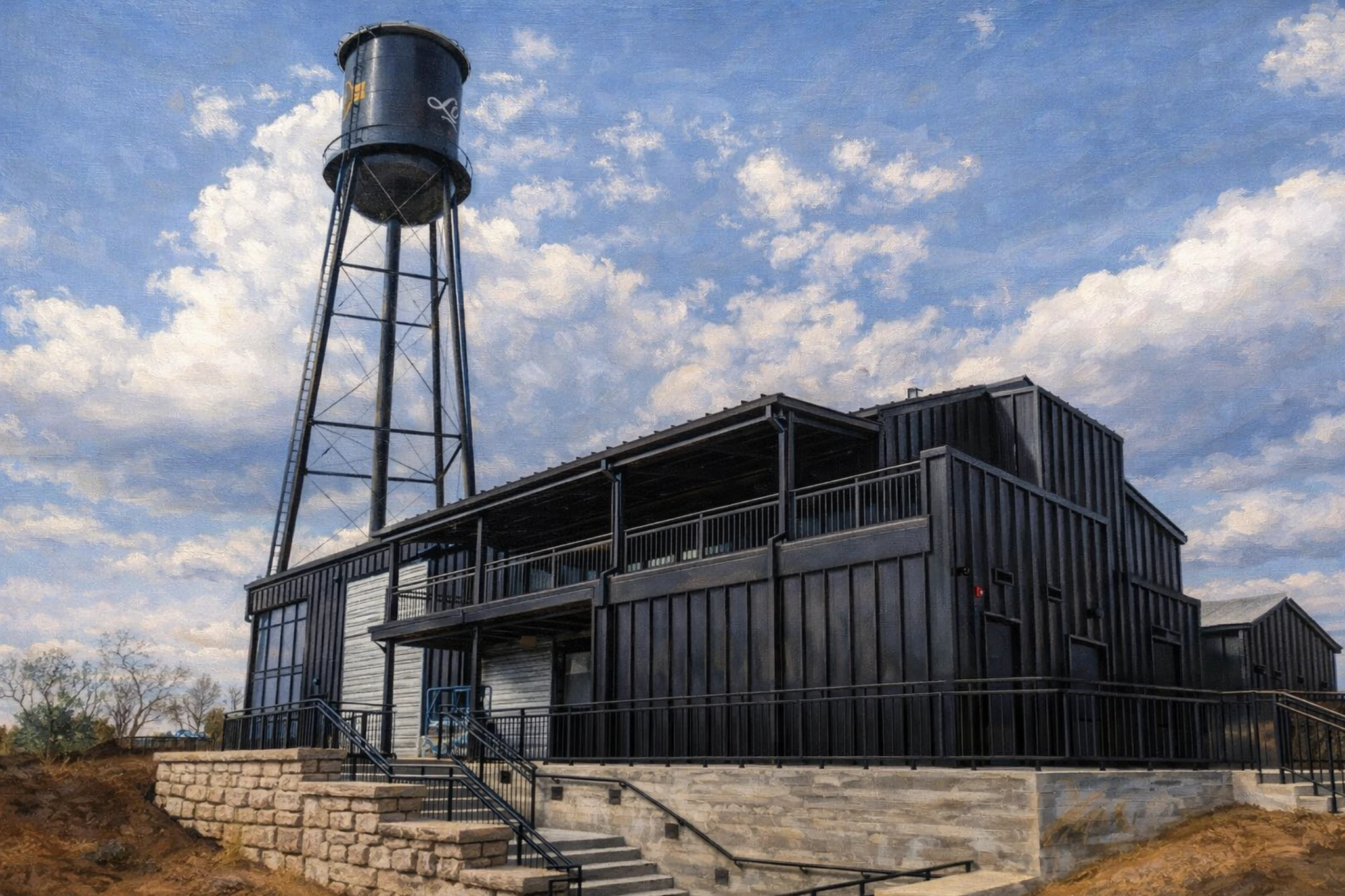 Exterior view of Log Still Distillery with black metal buildings and historic water tower under a blue sky.