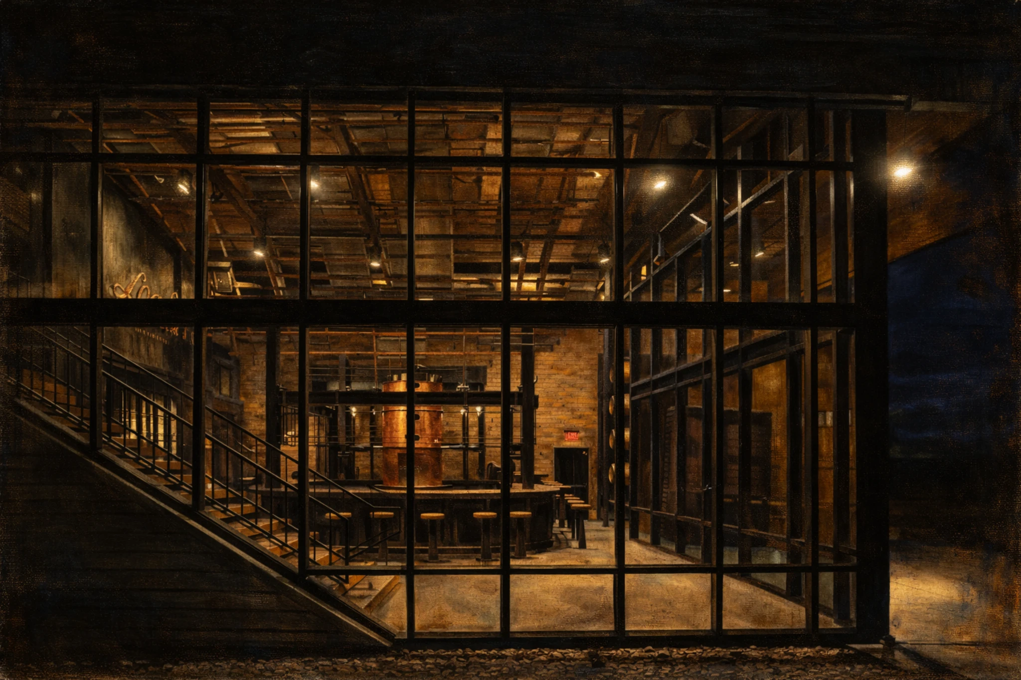 Exterior night view of Log Still Distillery showing the glass-walled stillhouse with copper still visible inside.