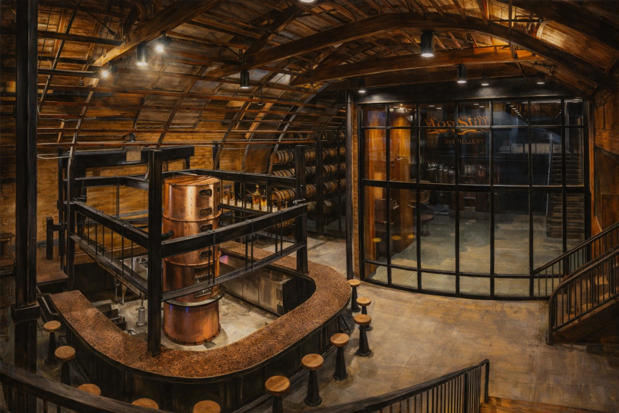 Interior of Log Still Distillery showing copper still, barrel displays, and glass-enclosed tasting area.