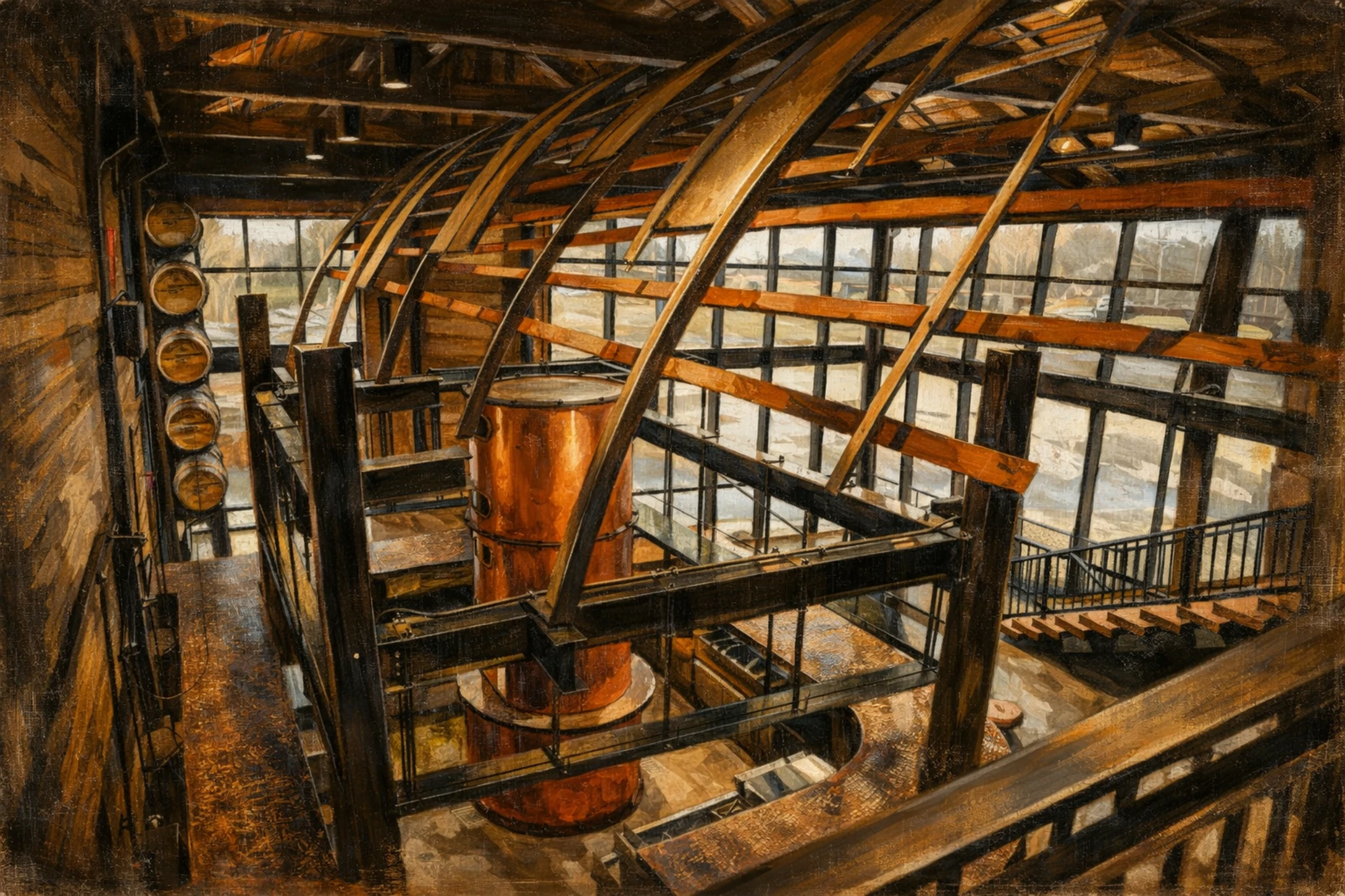 Interior overlook of the Log Still Distillery stillhouse with exposed wood beams and copper still equipment.