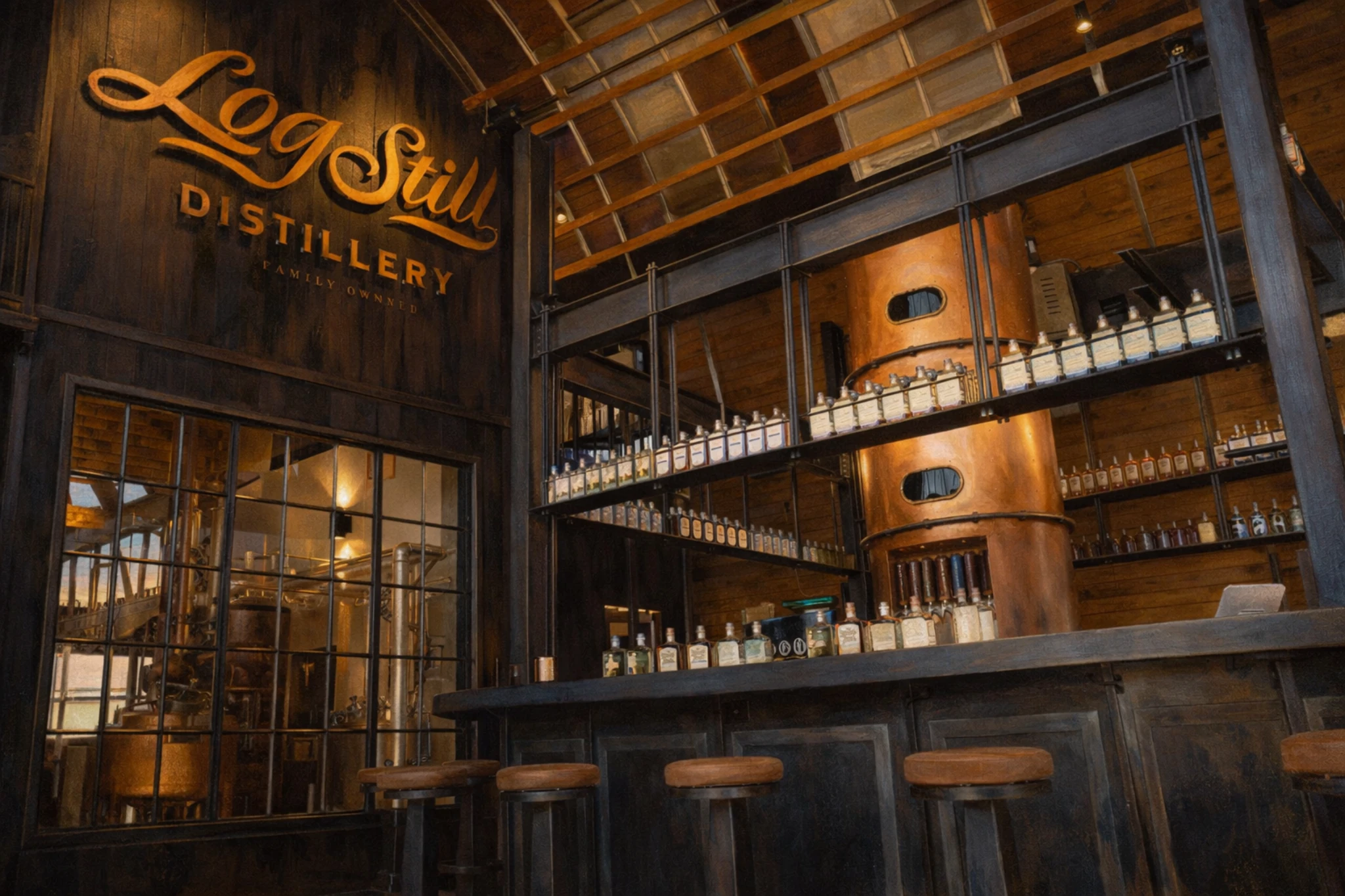 Close-up view of the Log Still Distillery tasting bar with copper still column and bottled spirits on display.