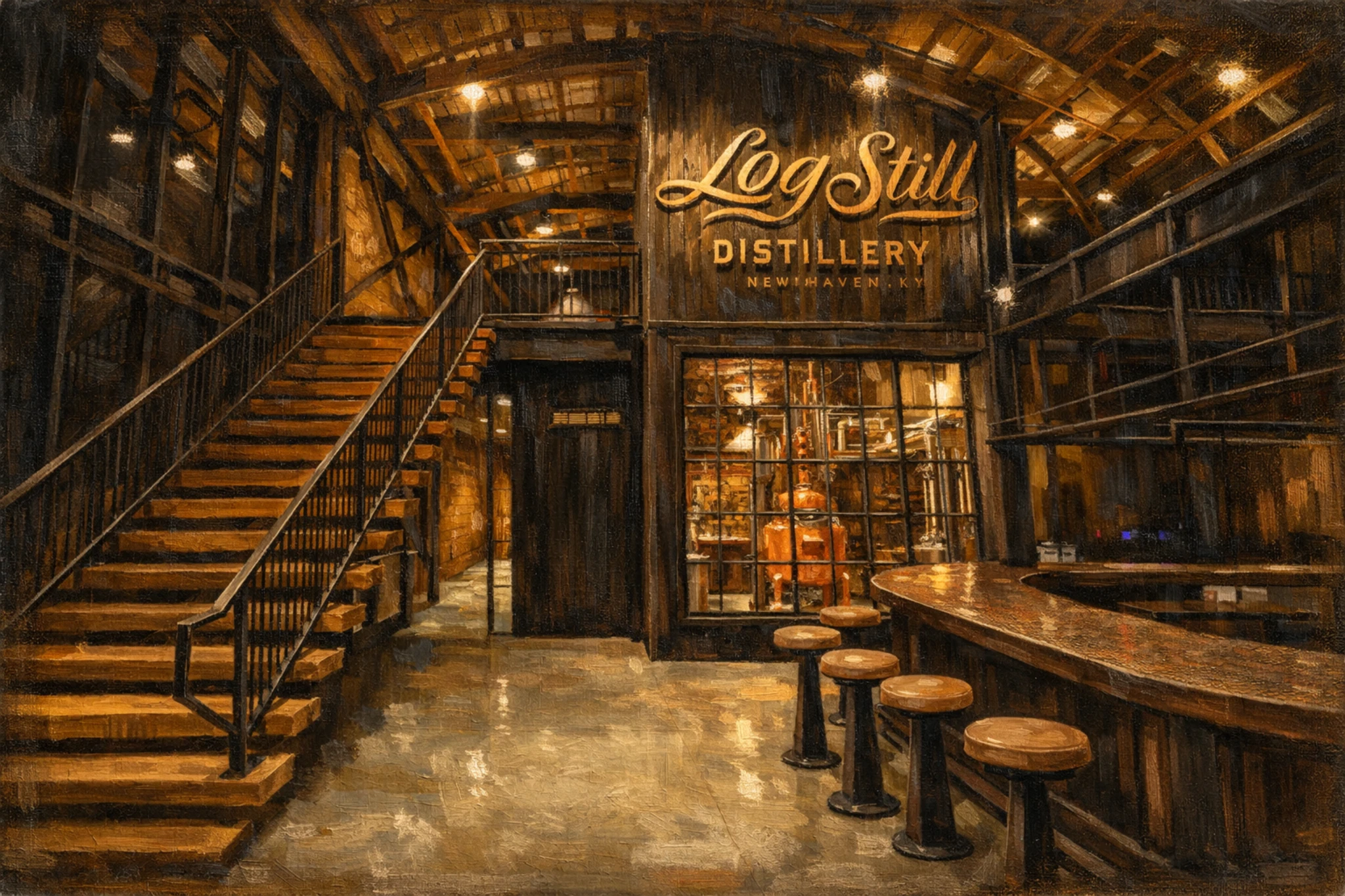 Log Still Distillery tasting room featuring a curved wooden bar, staircase, and copper still behind glass.