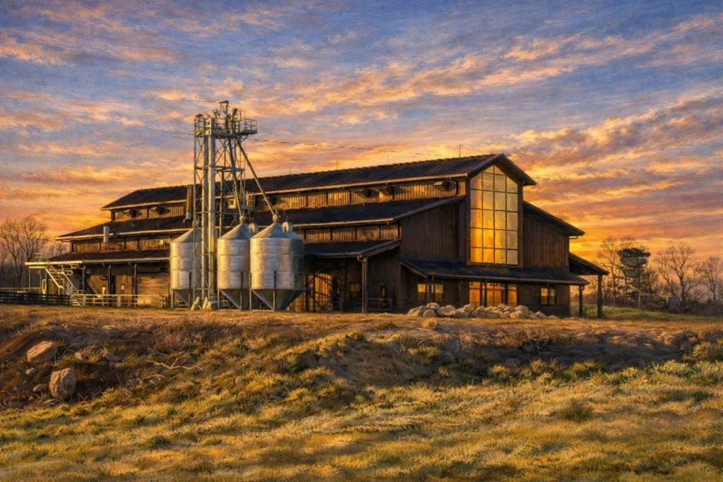 Exterior view of Luca Mariano Distillery featuring a rustic wooden distillery building with grain silos at sunset.