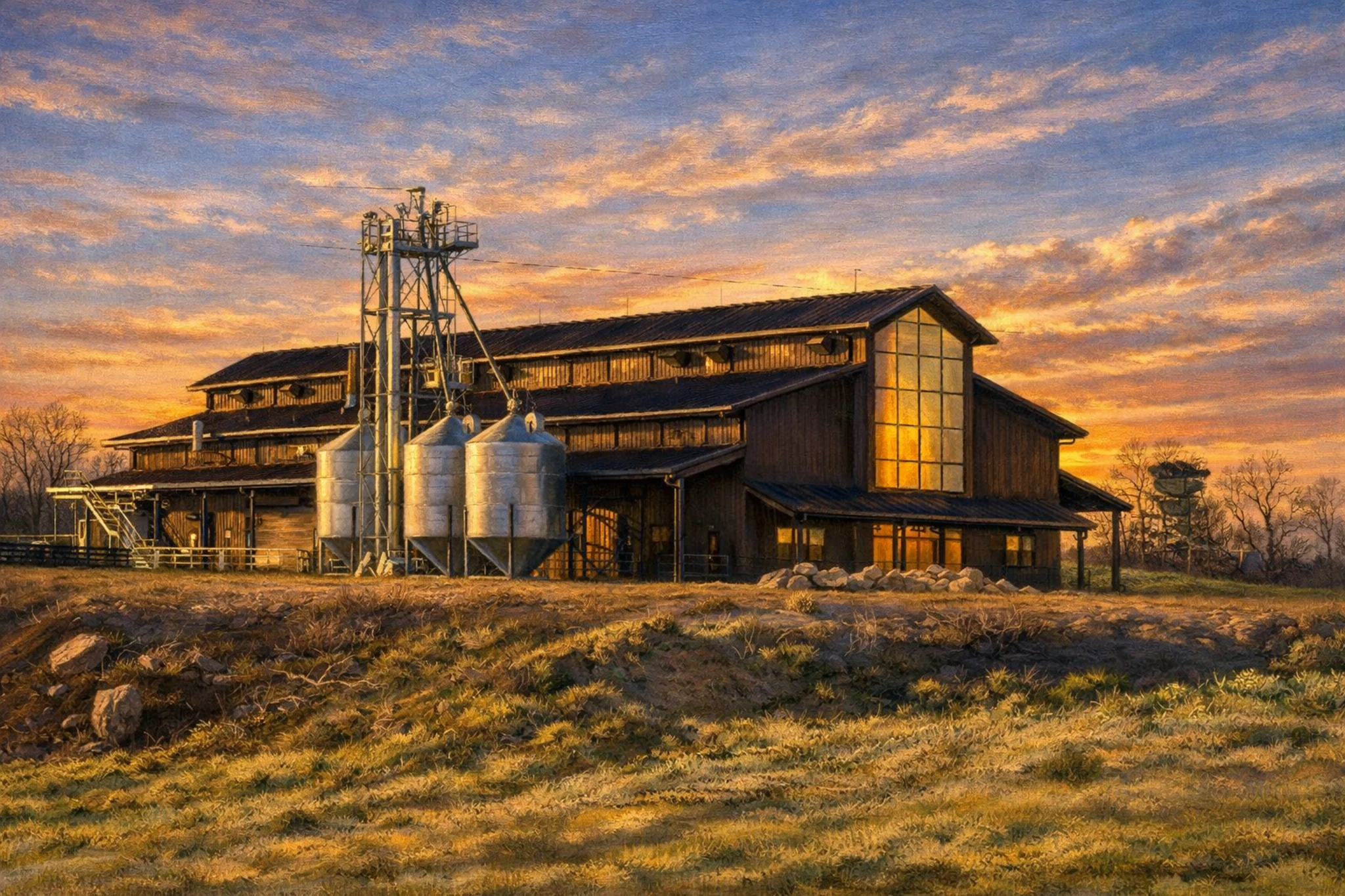 Exterior view of Luca Mariano Distillery featuring a rustic wooden distillery building with grain silos at sunset.