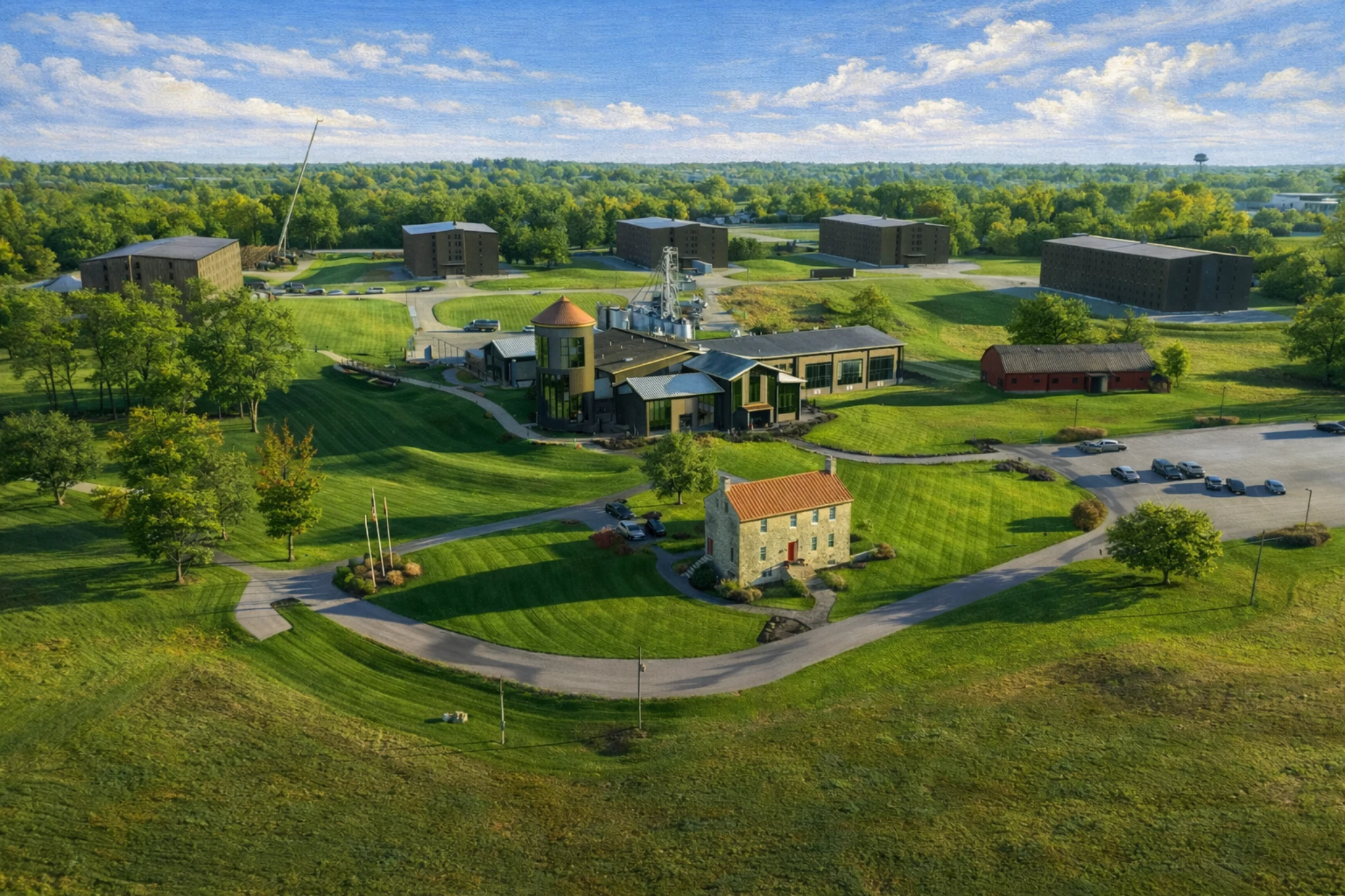 Aerial view of the Lux Row Distillers campus with modern distillery buildings, rickhouses, and manicured grounds.
