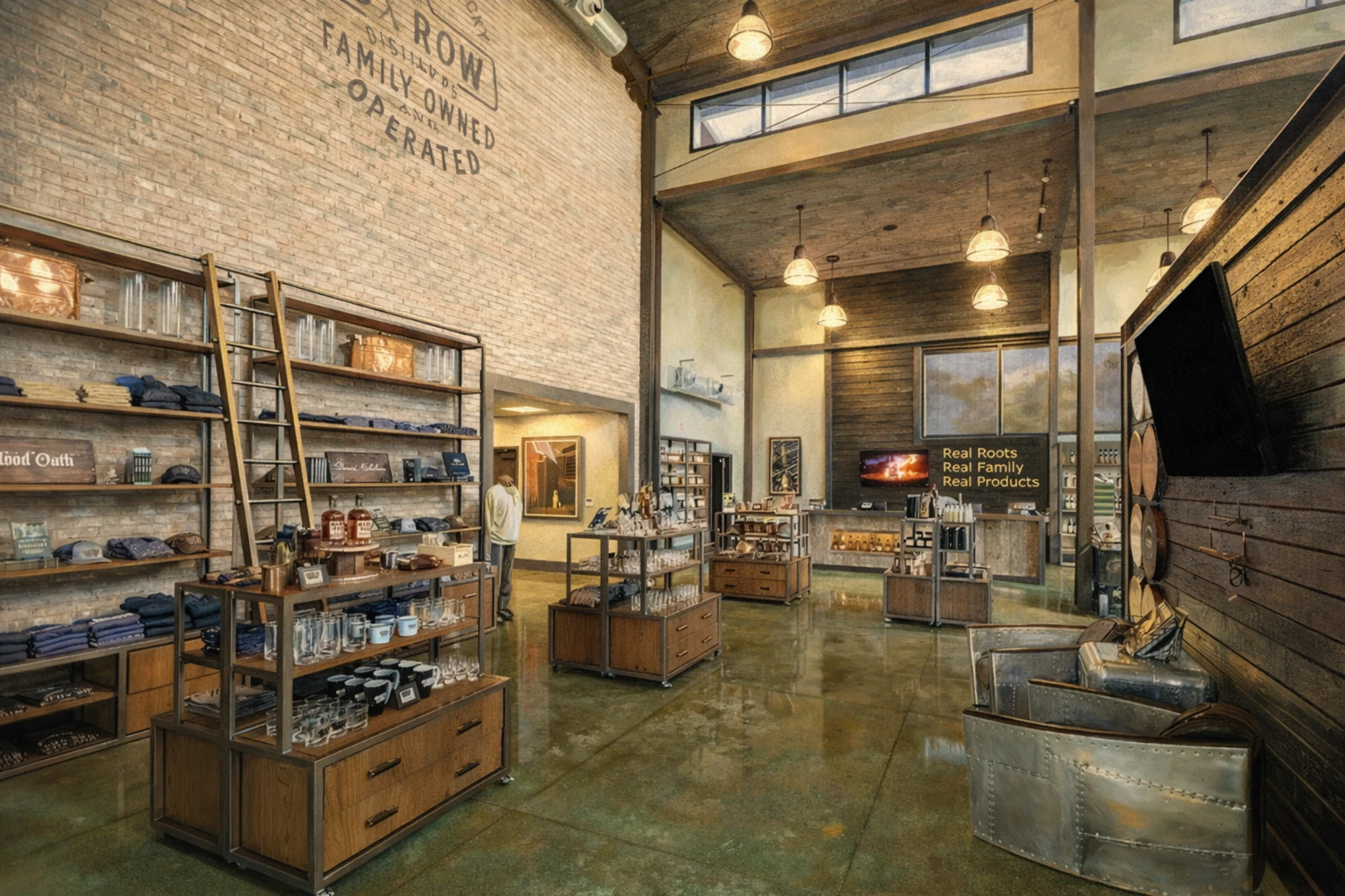 Interior of the Lux Row Distillers gift shop featuring branded merchandise, wood shelving, and industrial decor.
