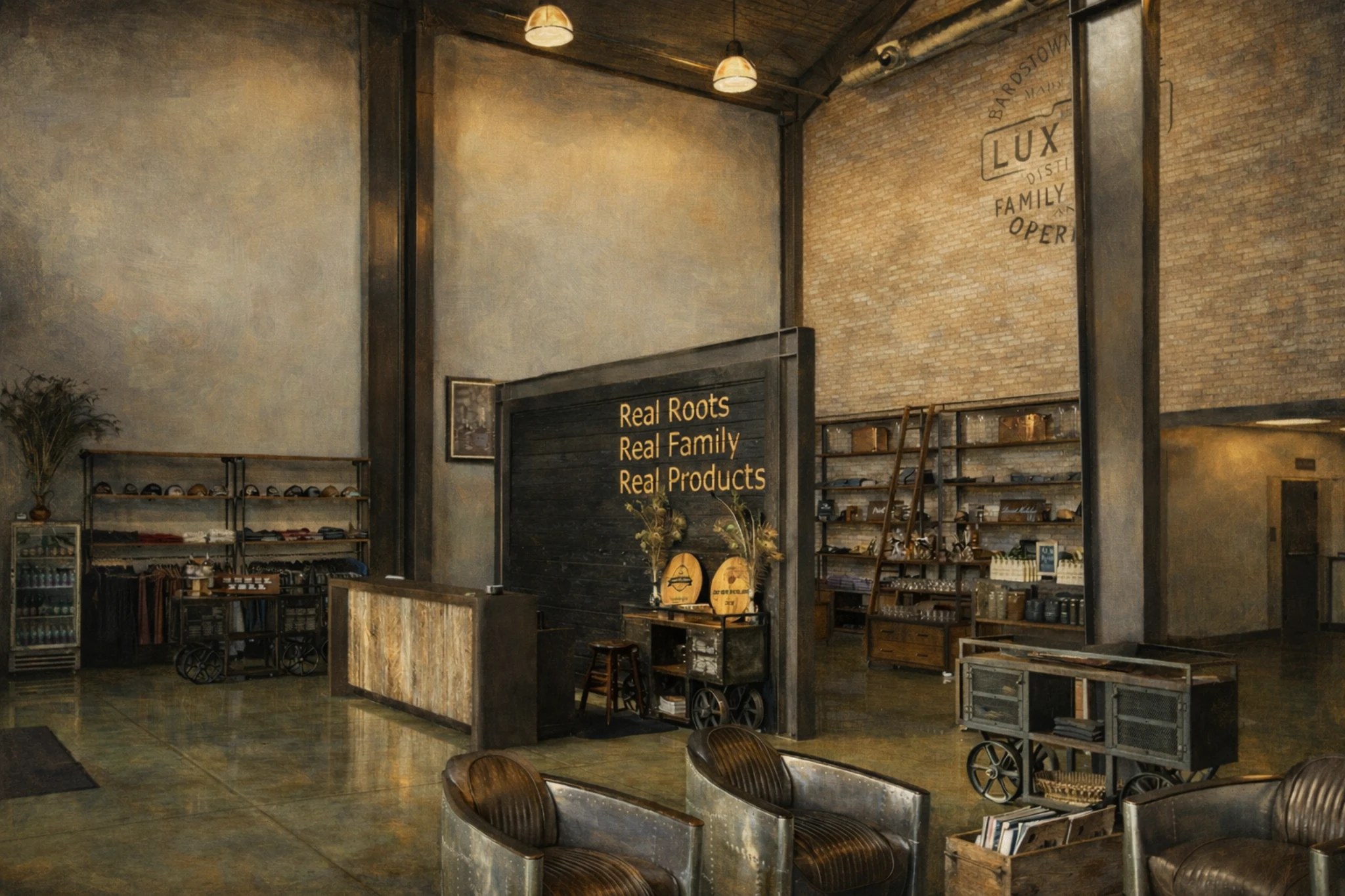 Lux Row Distillers interior display highlighting the message “Real Roots, Real Family, Real Products”.