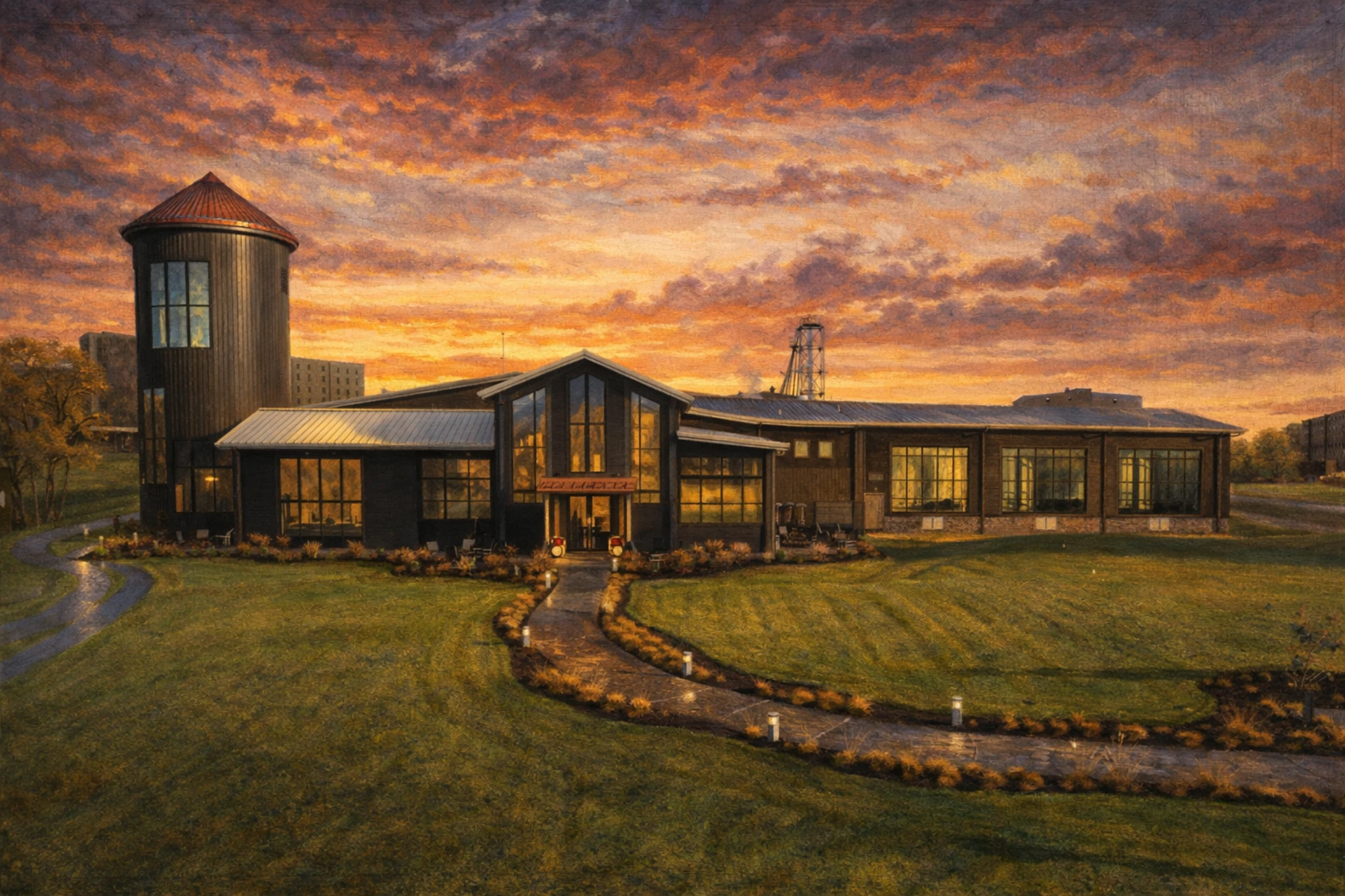 Lux Row Distillers main entrance with illuminated windows and landscaped walkway at sunset.
