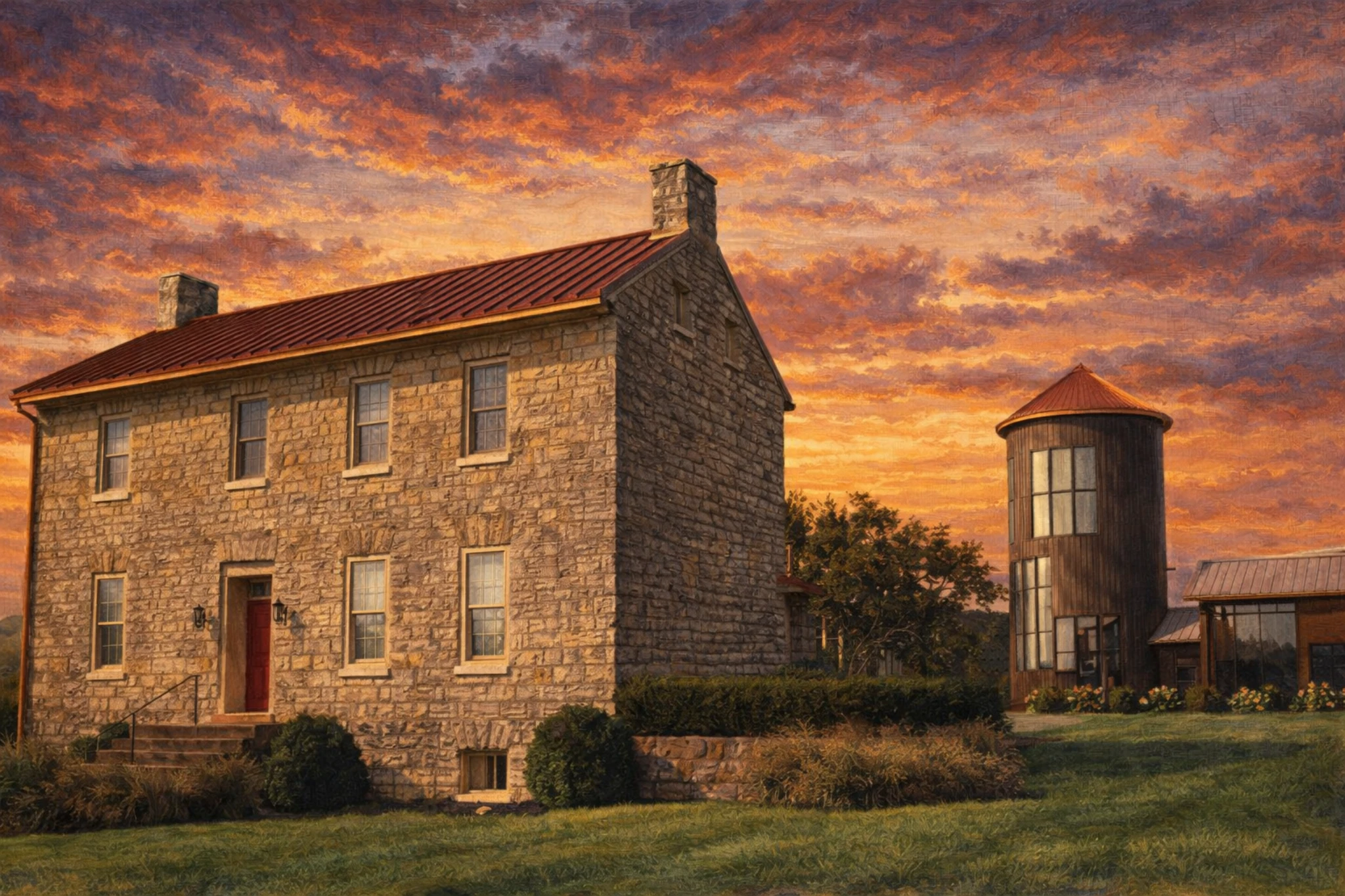 Historic stone house on the Lux Row Distillers property set against a colorful sunset sky.