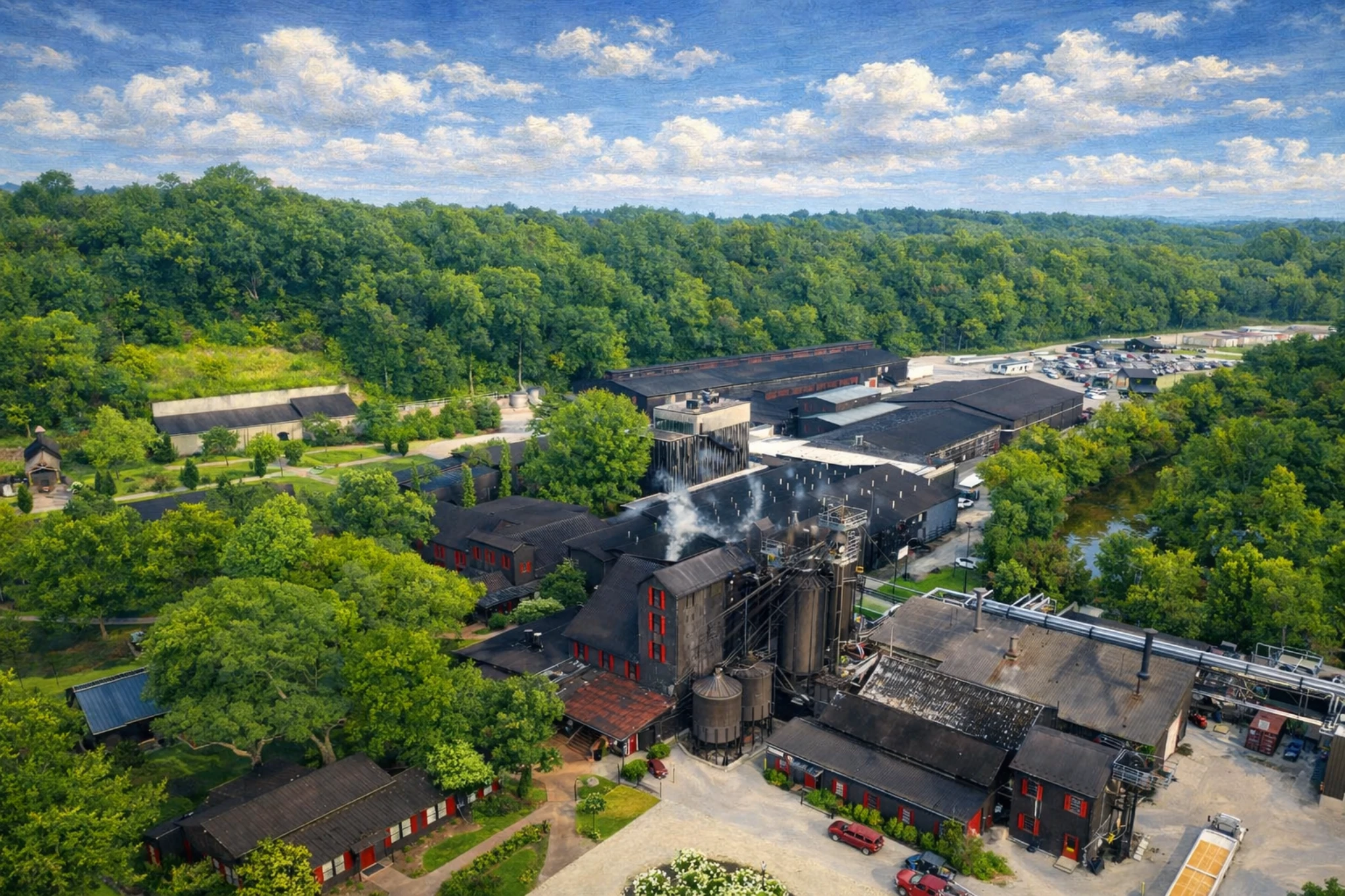 Aerial view of the Maker’s Mark Distillery campus with historic buildings, production facilities, and surrounding forest.