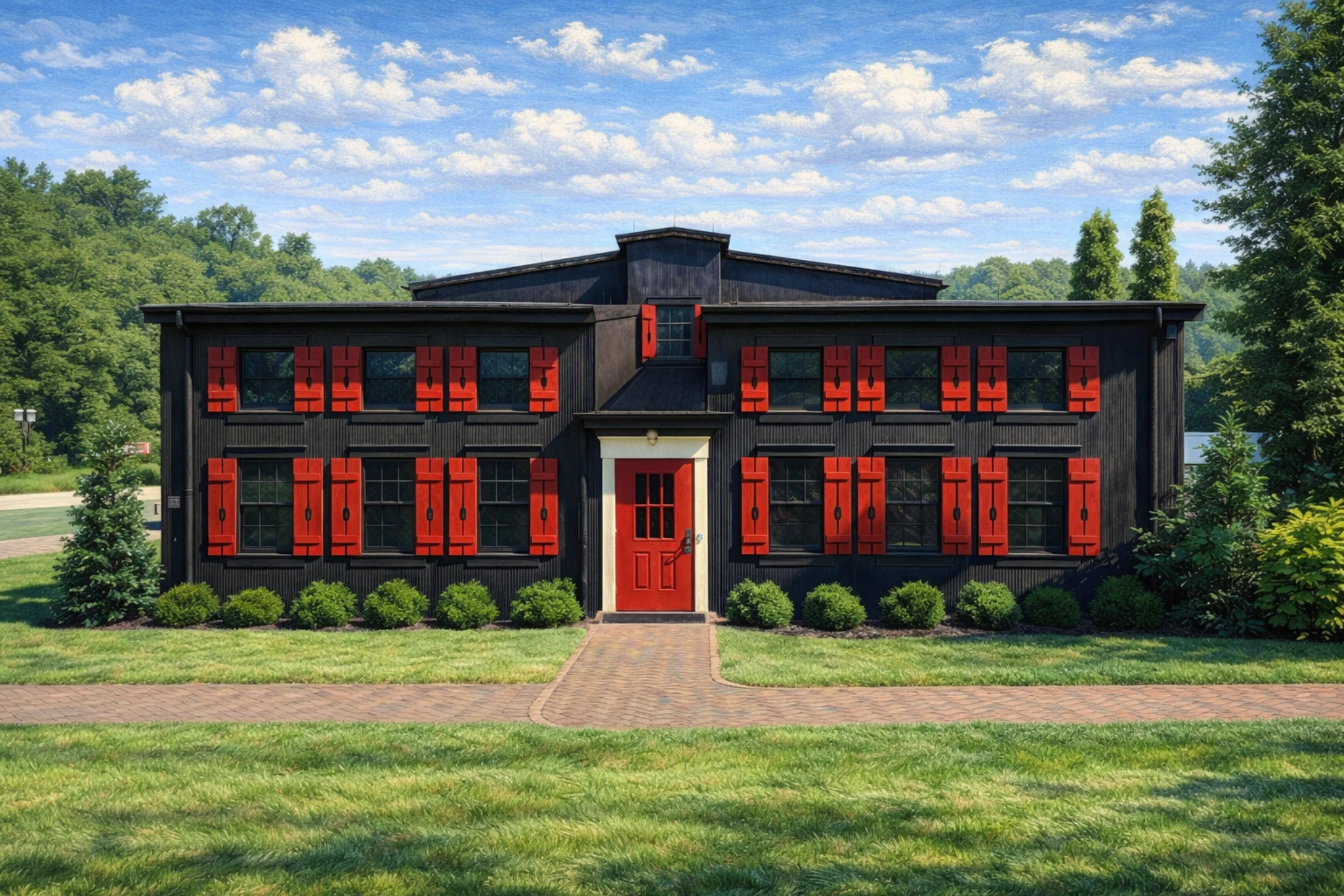 Front view of Maker’s Mark Distillery black building featuring red shutters and a red entrance door.