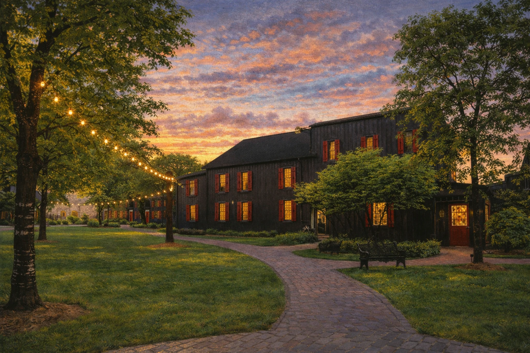 Sunset view of Maker’s Mark Distillery courtyard with string lights, brick pathways, and black buildings with red shutters.