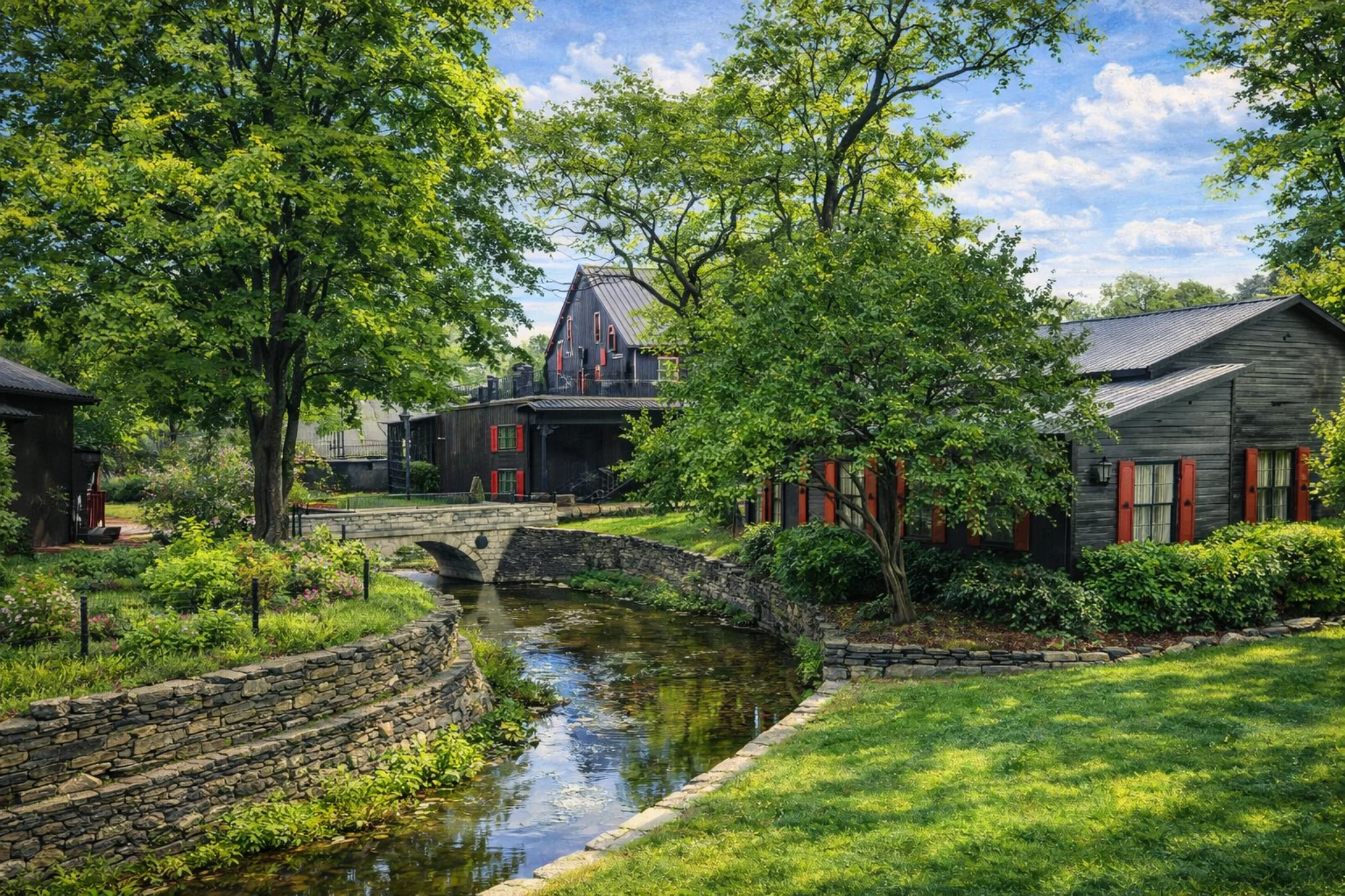 Creek running through the Maker’s Mark Distillery grounds surrounded by black buildings with red shutters.