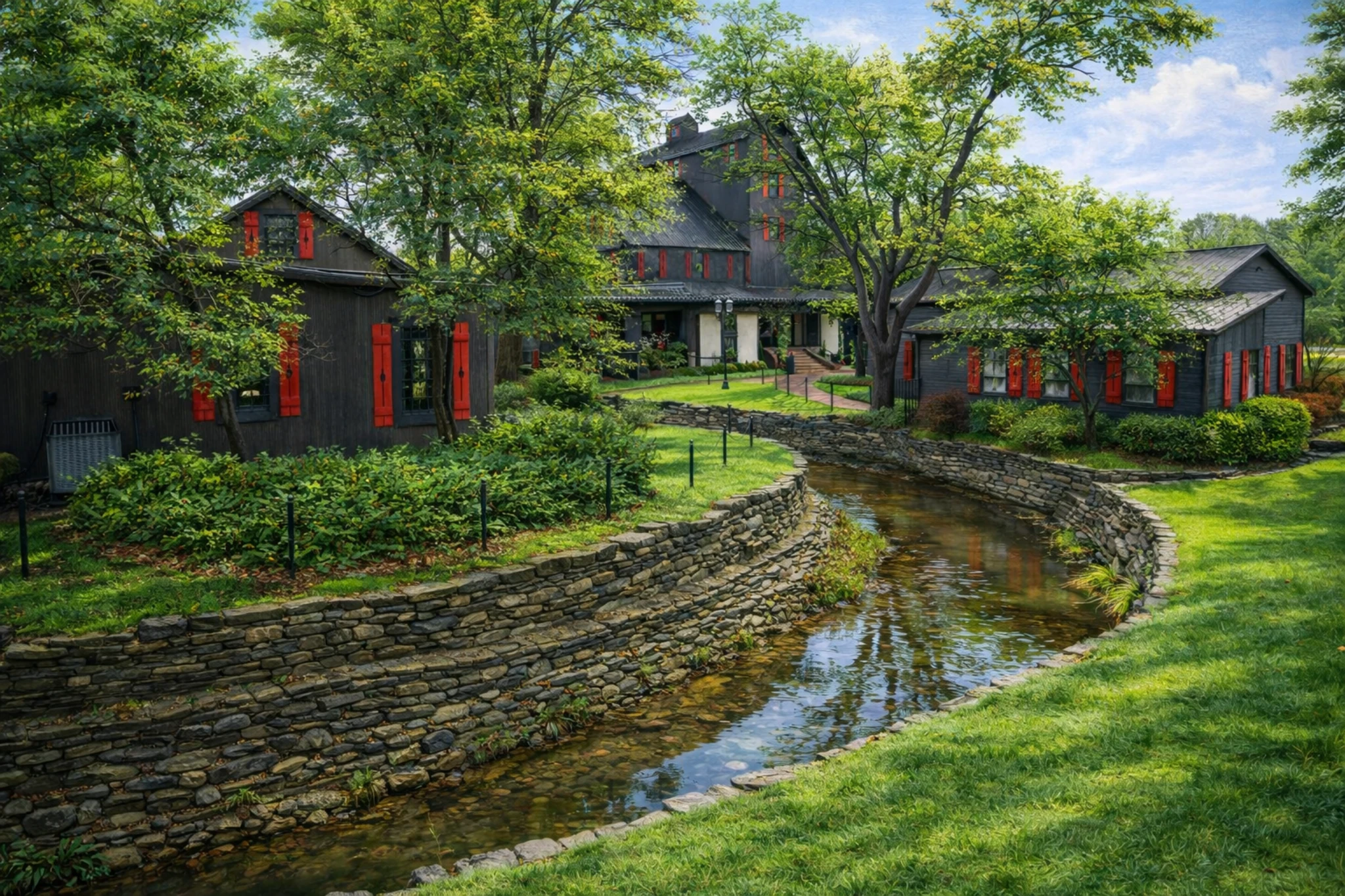 Historic Maker’s Mark Distillery mill building with red shutters, stone bridge, and flowing creek.