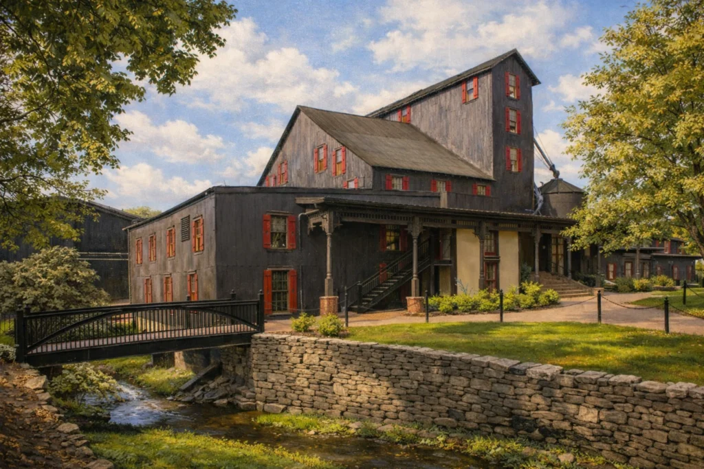 Creekside view of Maker’s Mark Distillery mill framed by trees and stone retaining walls.
