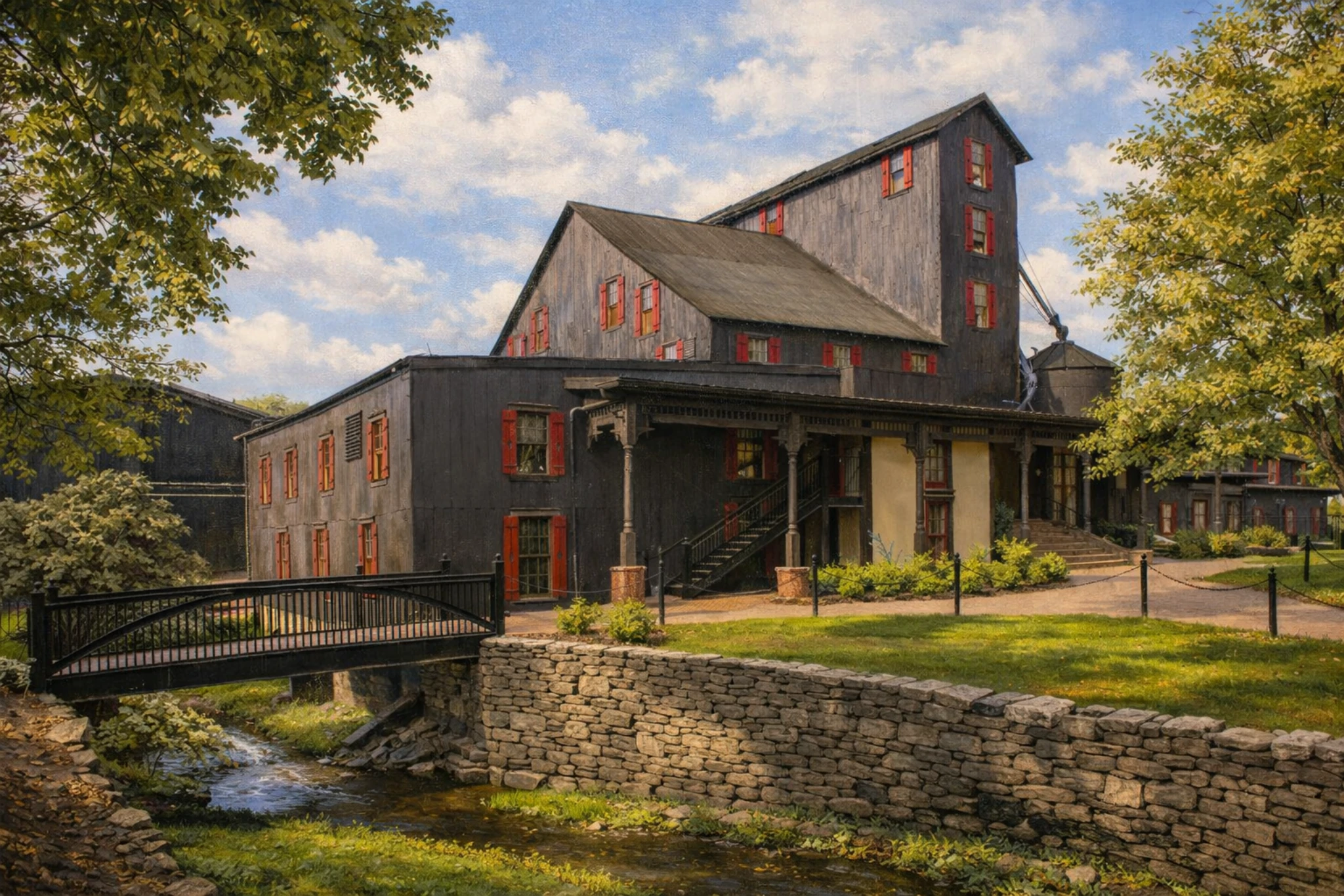 Creekside view of Maker’s Mark Distillery mill framed by trees and stone retaining walls.