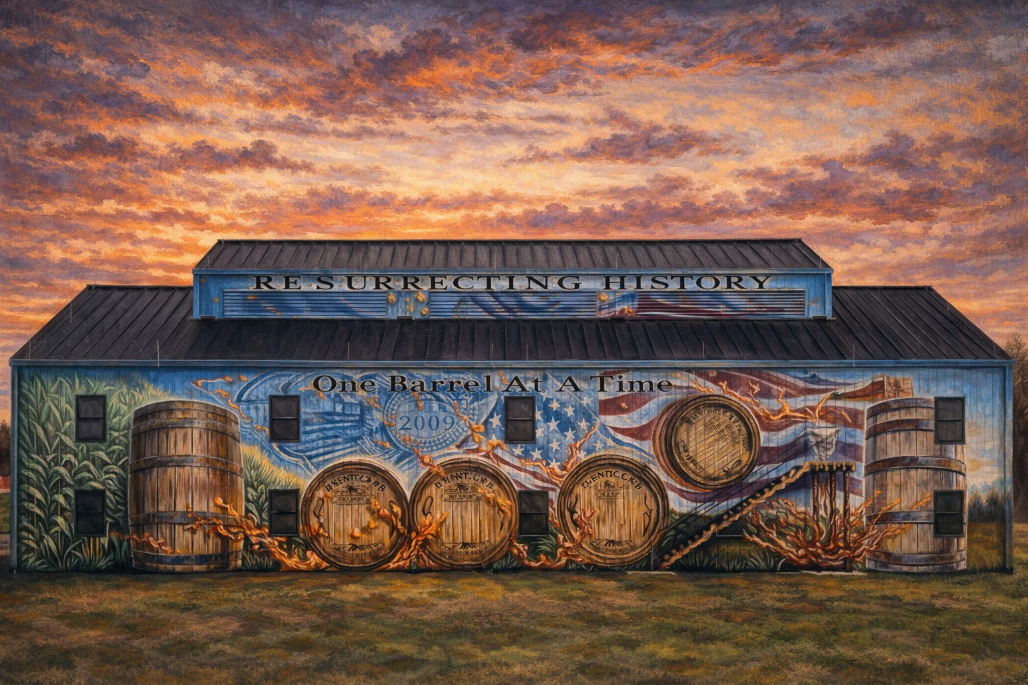 Painted barrel mural on an MB Roland Distillery building featuring the phrase “Resurrecting History One Barrel at a Time”.