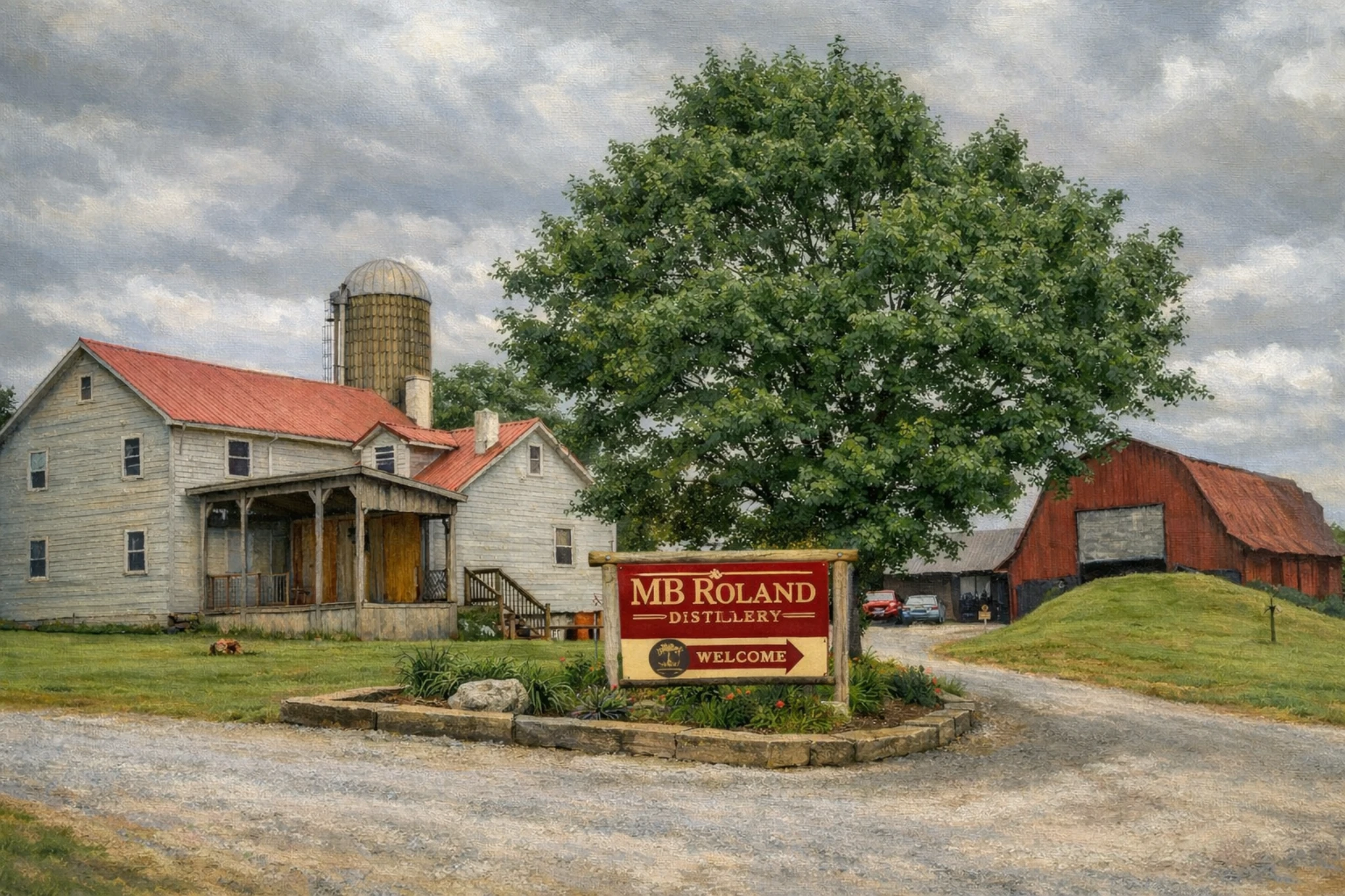 Entrance sign for MB Roland Distillery set in front of a historic farmhouse and red barn on the distillery grounds.