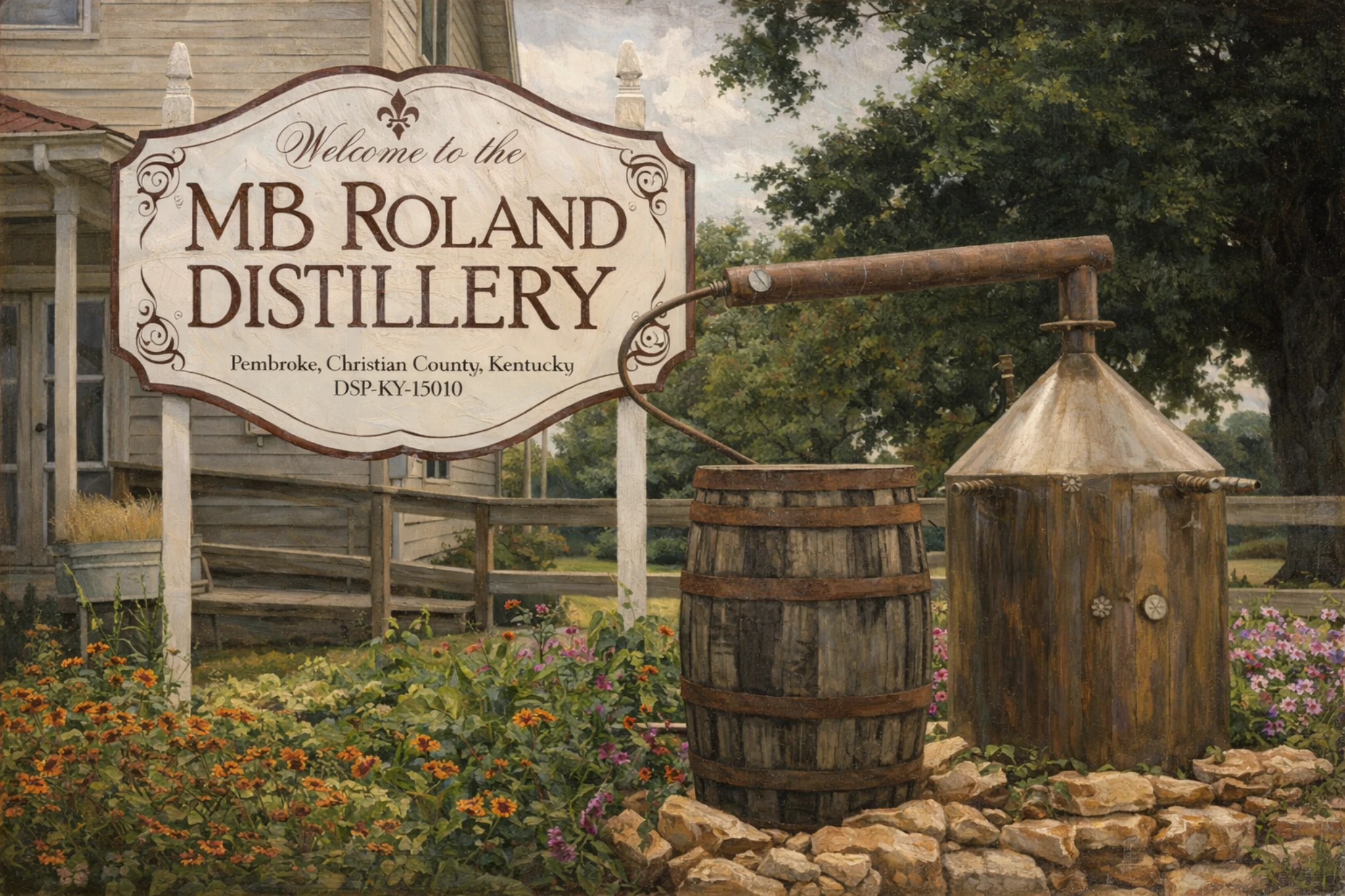 Close-up of the MB Roland Distillery welcome sign with copper pot still and wooden barrel display.