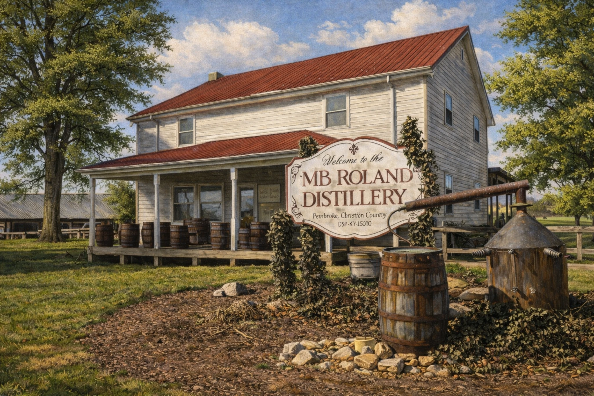 Welcome sign at MB Roland Distillery displayed in front of the historic distillery house and barrel-lined porch.