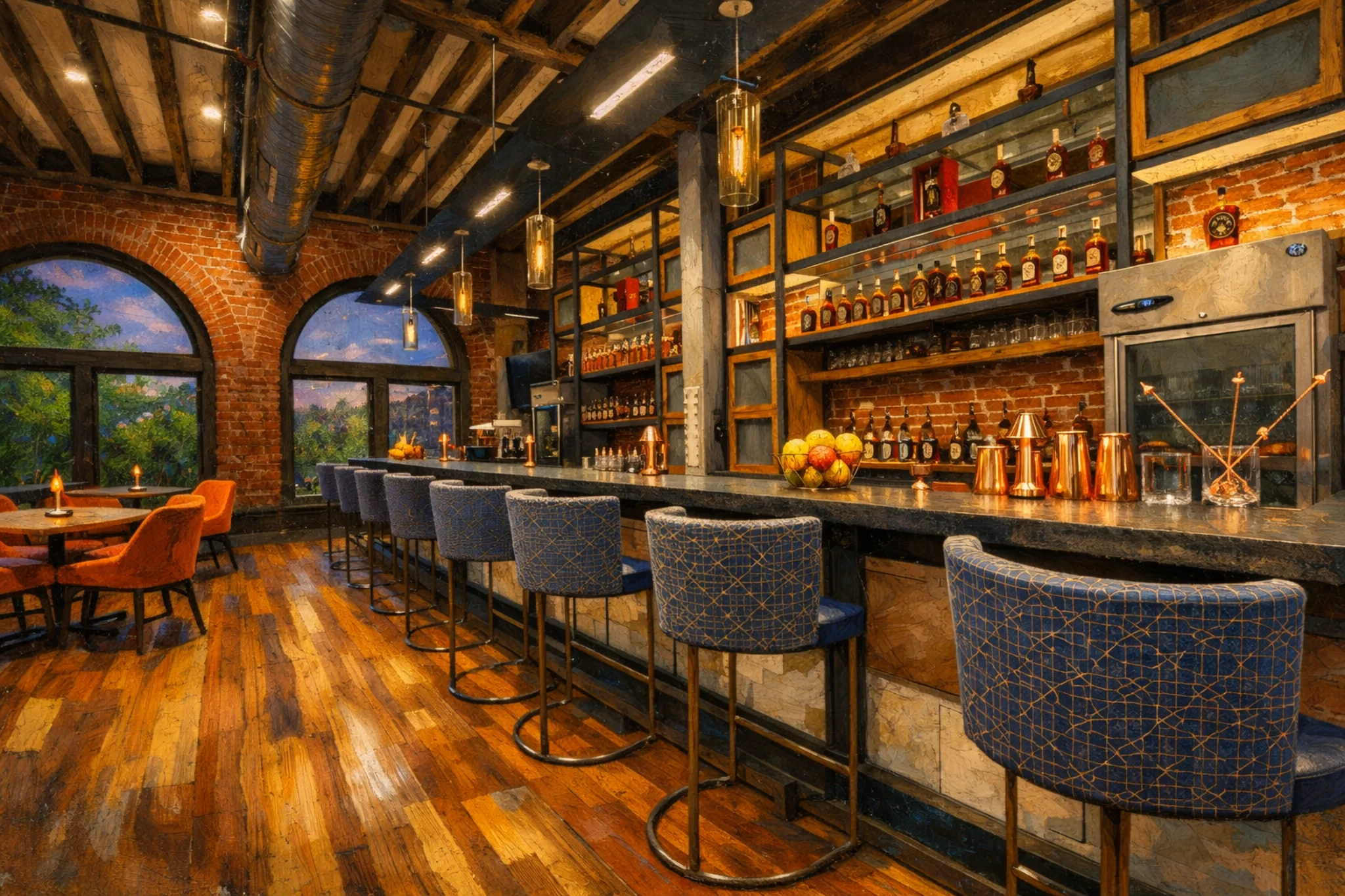 Bar interior at Michter’s Fort Nelson Distillery in Louisville, Kentucky with blue bar stools, exposed brick arches, and shelves of whiskey bottles.