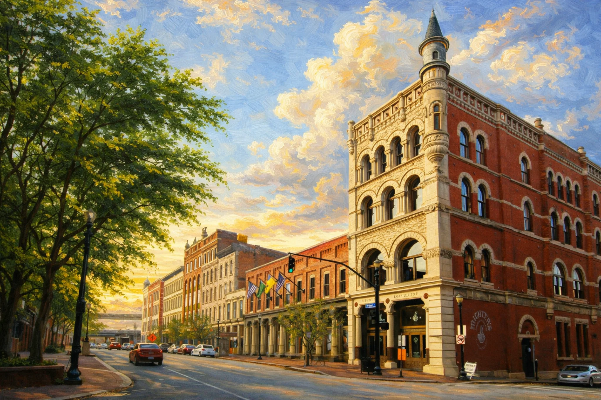 Downtown street view of Michter’s Fort Nelson Distillery in Louisville, Kentucky, showing the historic corner building along Whiskey Row.