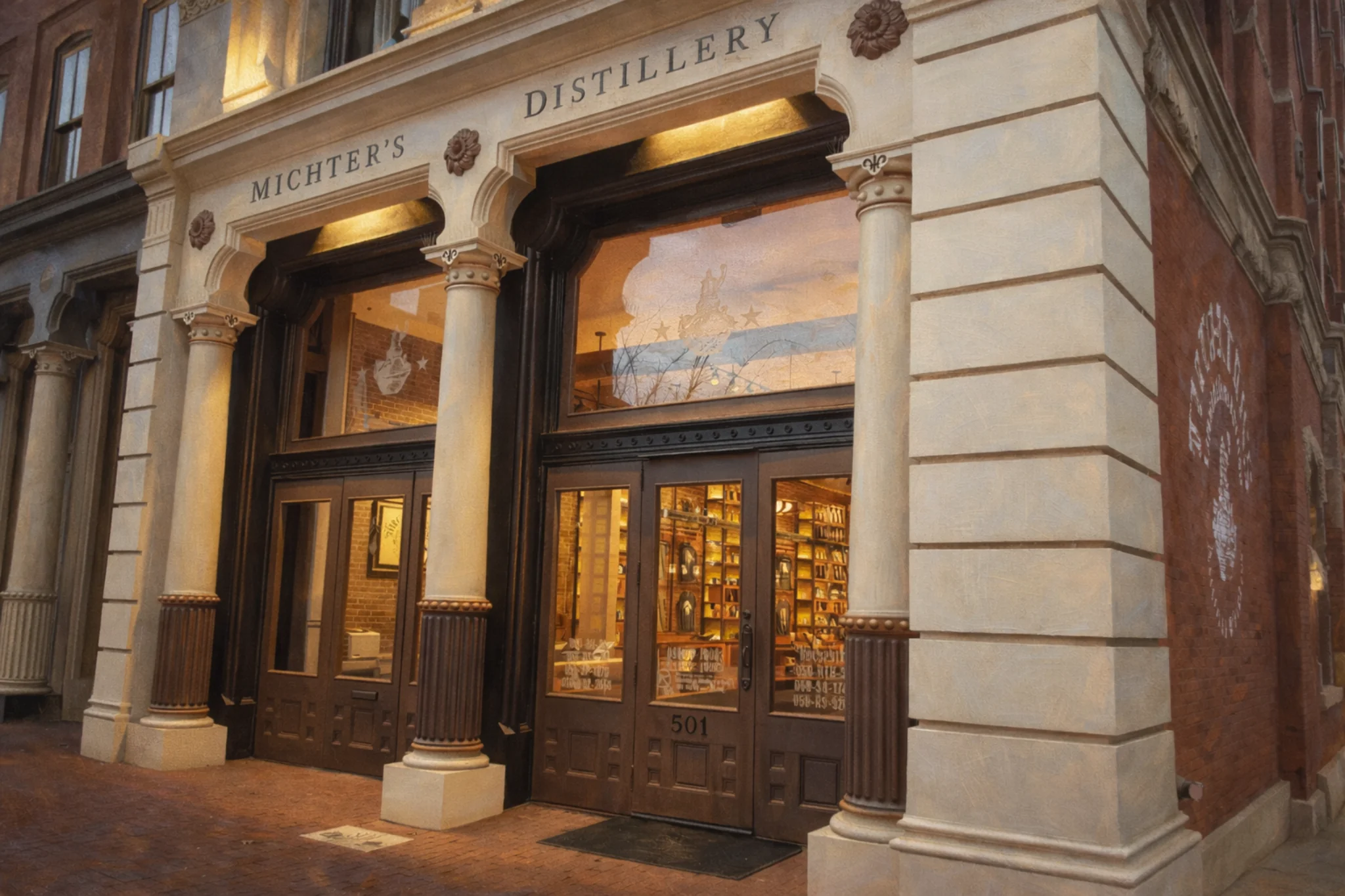 Exterior entrance of Michter’s Fort Nelson Distillery in Louisville, Kentucky with stone columns and the “MICHTER’S DISTILLERY” sign above the doors.