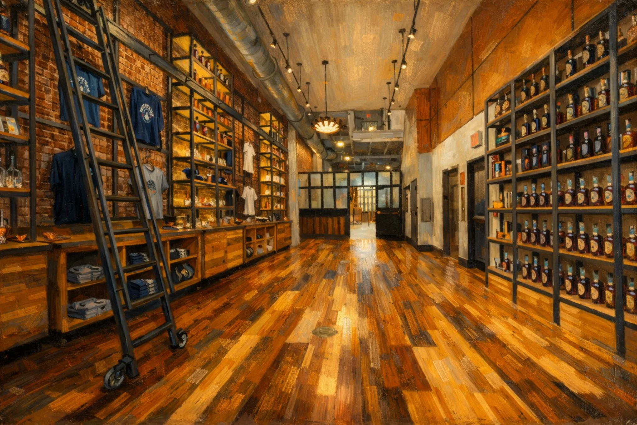 Gift shop hallway inside Michter’s Fort Nelson Distillery in Louisville, Kentucky with merchandise displays and shelves of Michter’s bottles.