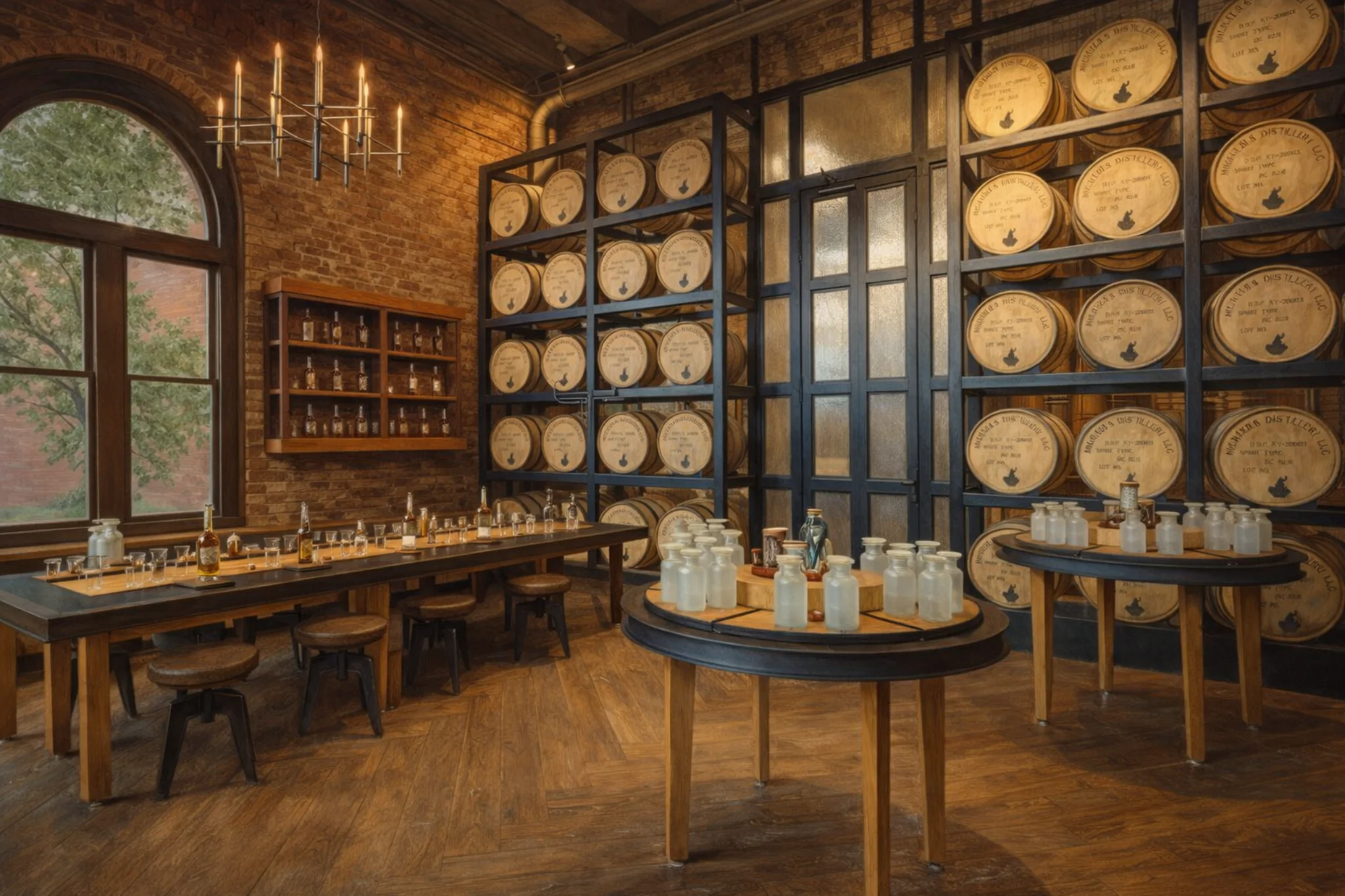 Wide view of a Michter’s Fort Nelson Distillery tasting room in Louisville, Kentucky with barrel racks, rustic tables, and a modern chandelier.