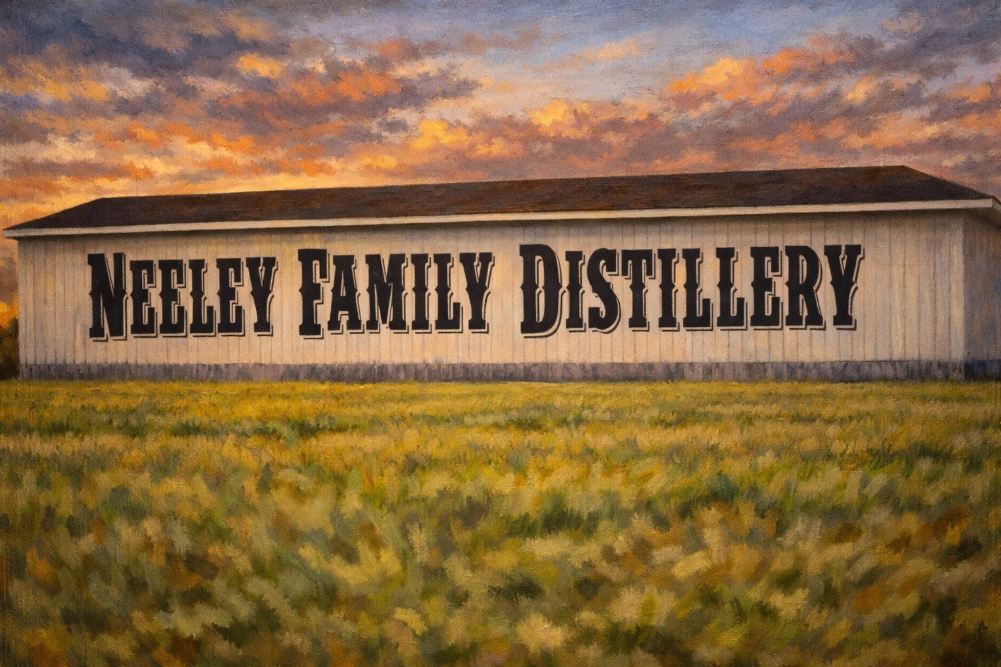 Large barn-style building painted “Neeley Family Distillery” with a grassy field in front under a colorful sunset sky.
