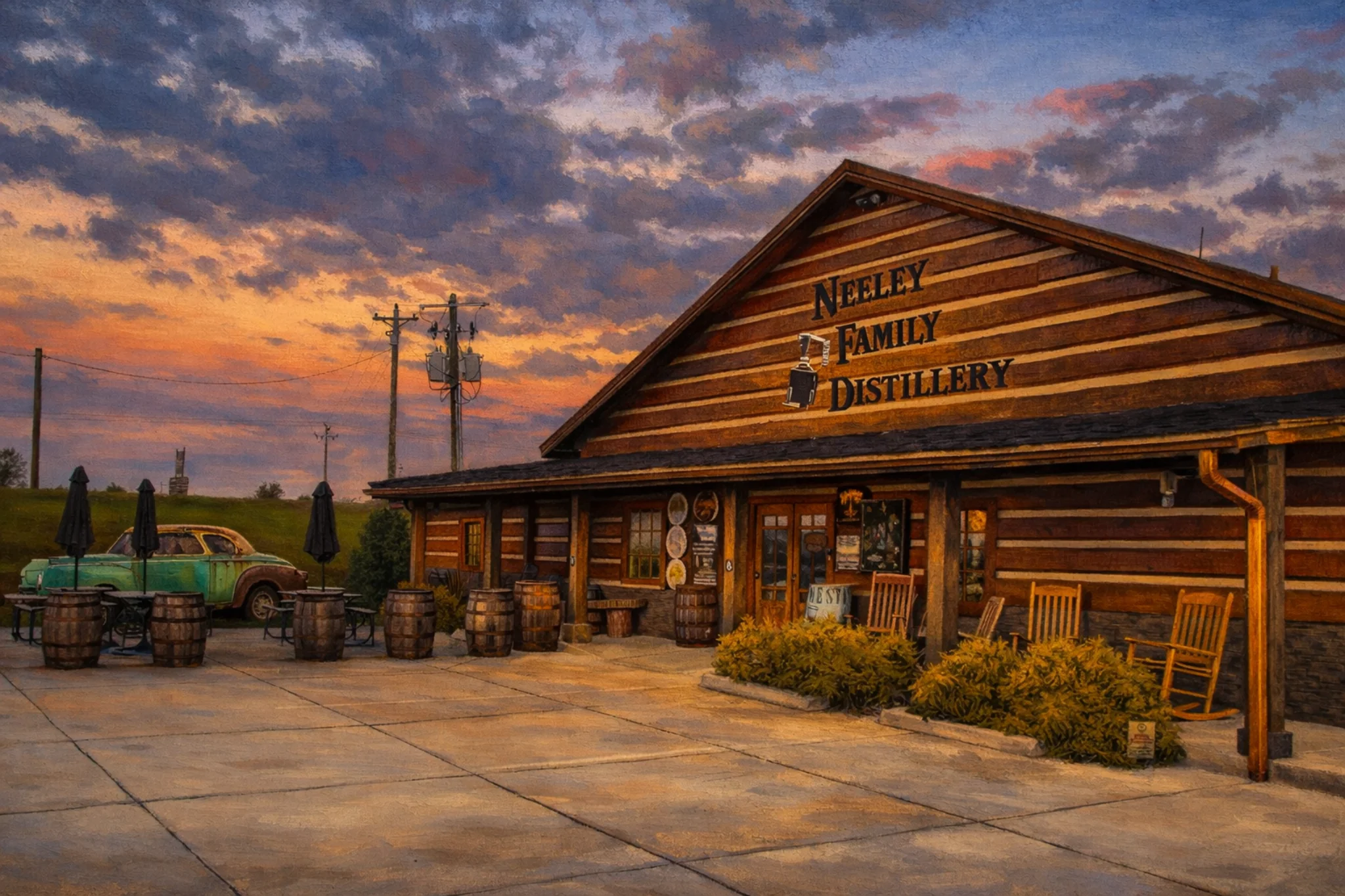 Neeley Family Distillery exterior at sunset with barrels and rocking chairs on the front porch.