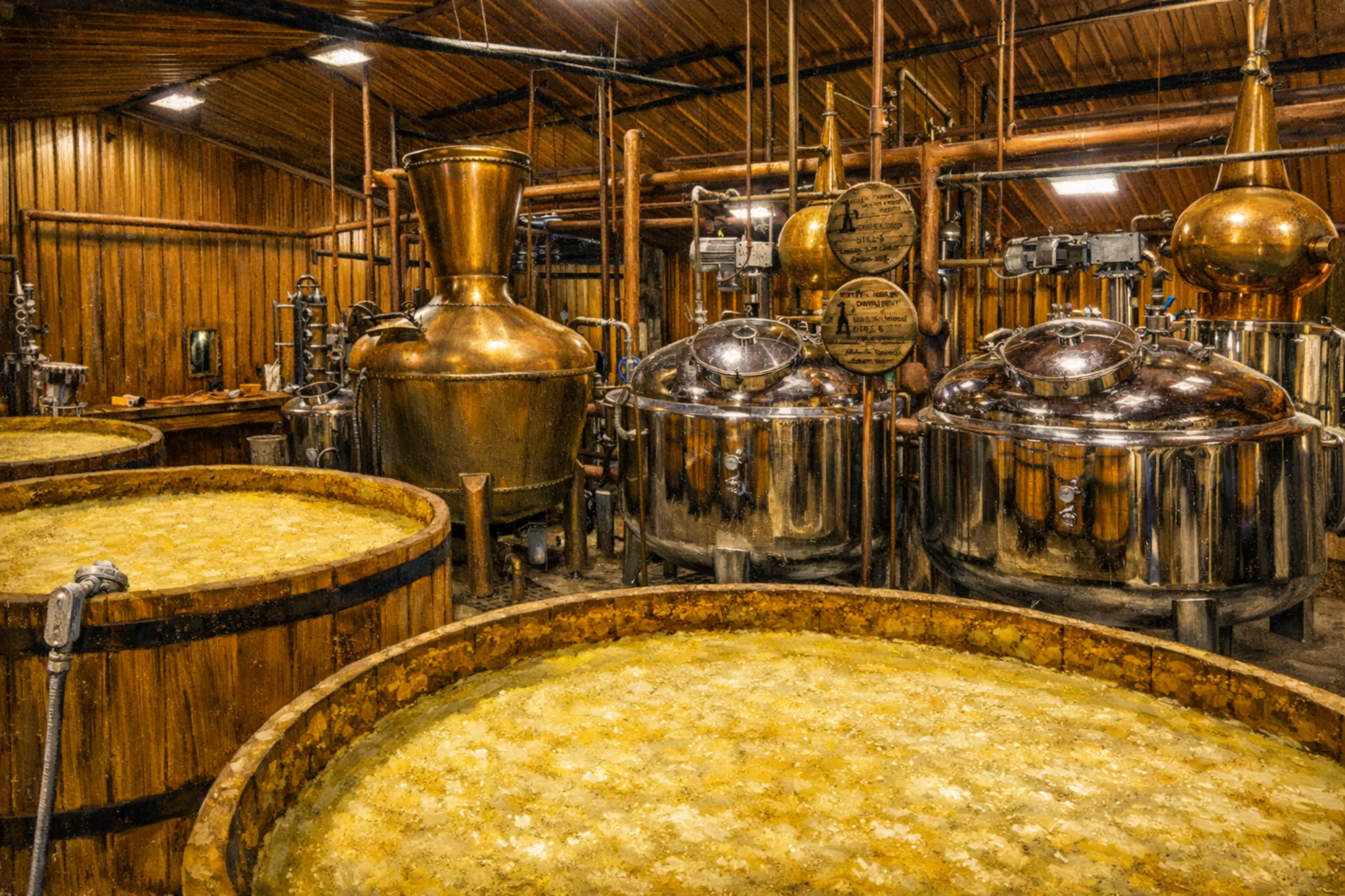 Wooden fermentation tubs filled with mash in the foreground with copper and stainless stills behind them.