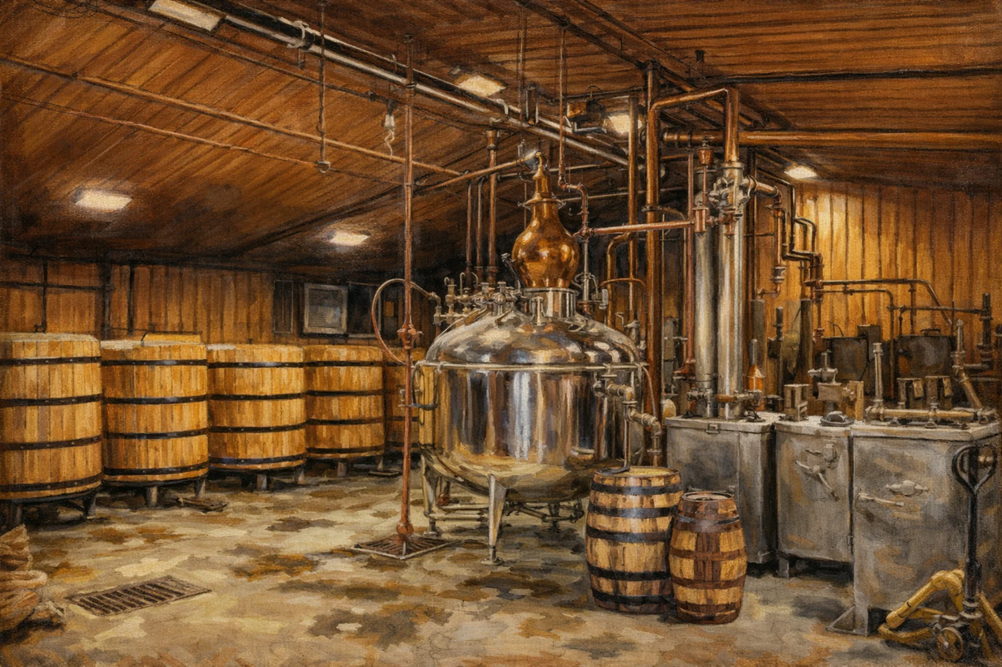 Distillery production room with a polished pot still, copper column, and wooden fermenters in the background.