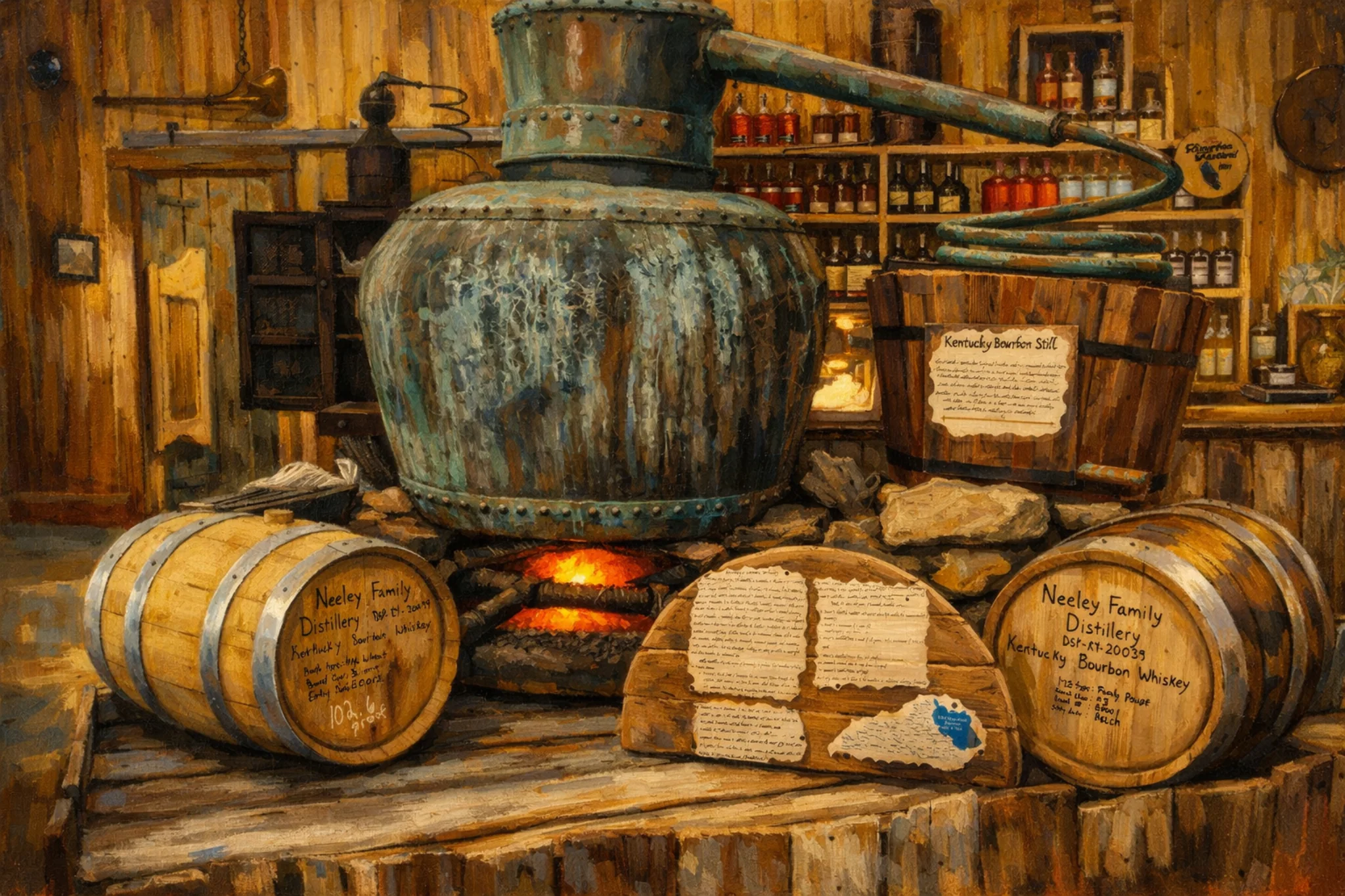 Rustic display featuring a blue-green copper pot still over a small fire with Neeley Family Distillery barrels and signage.